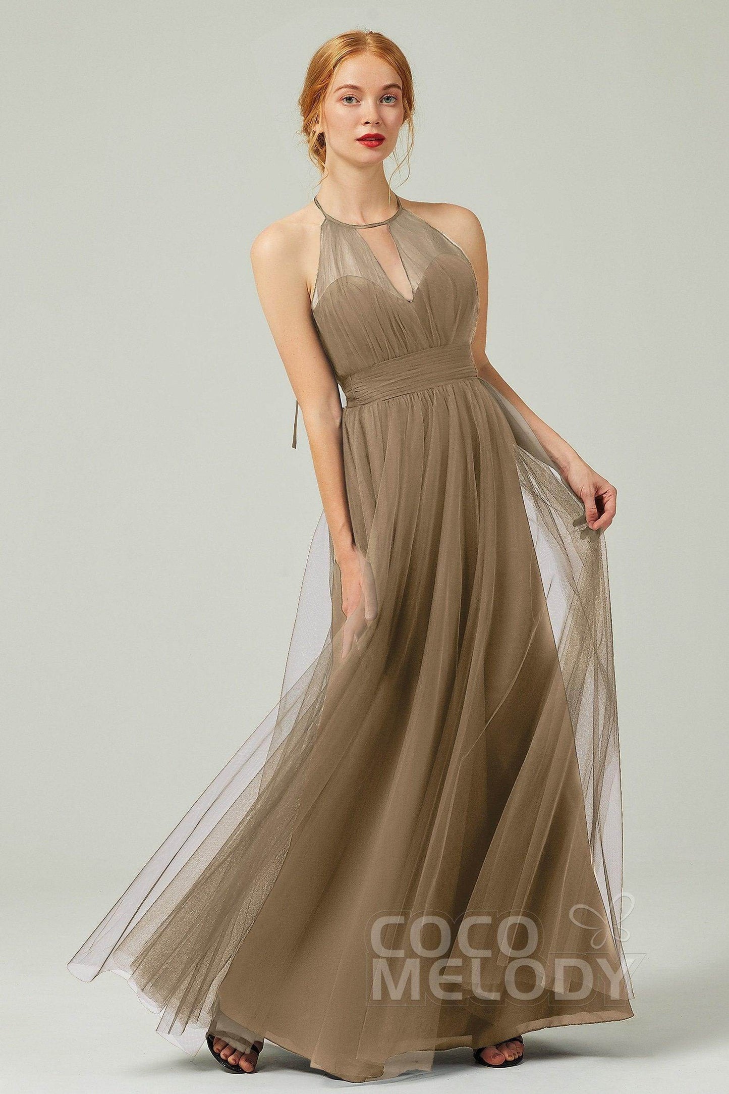 A-Line Floor Length Tulle Bridesmaid Dress CB0334PS - COCOMELODY