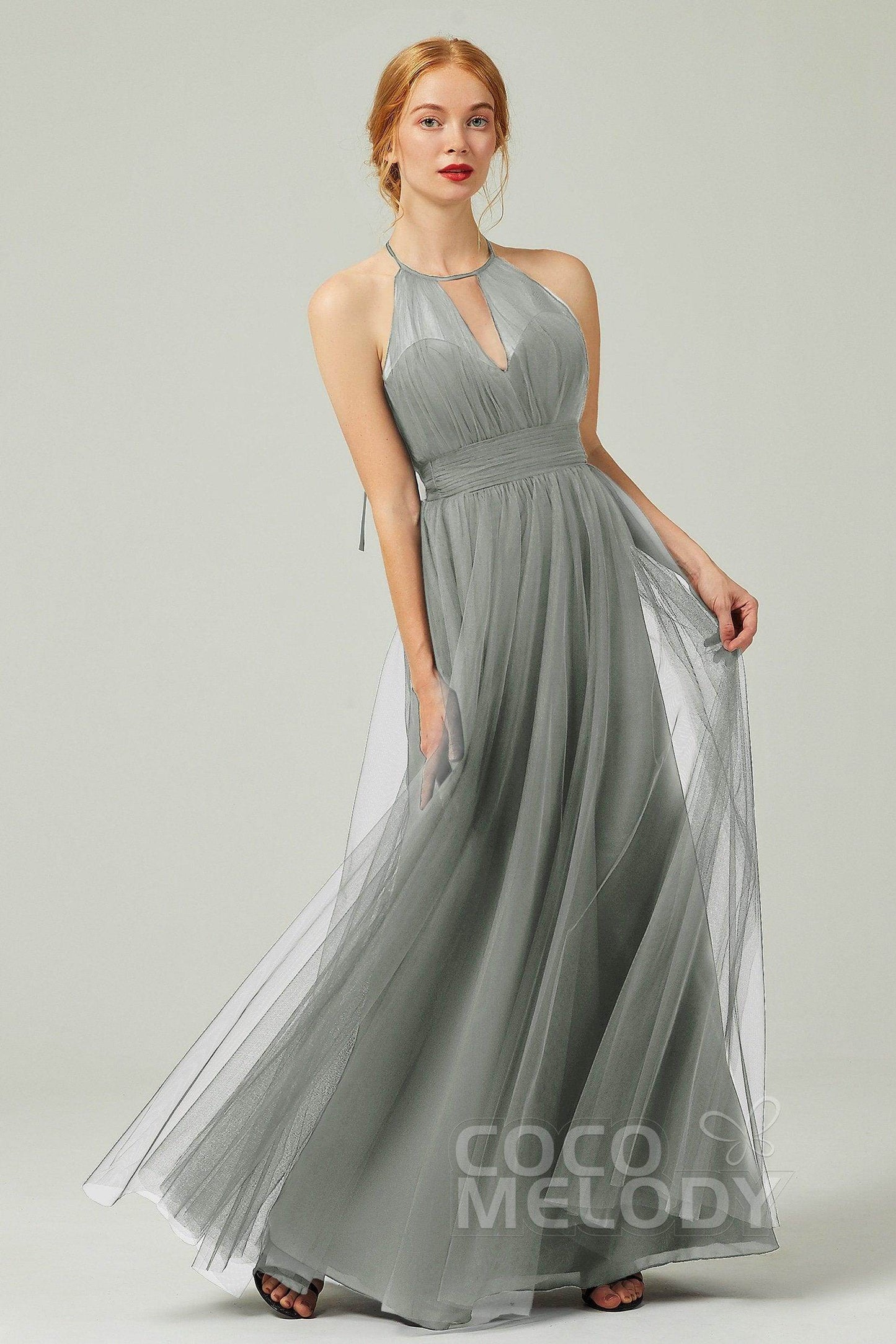 A-Line Floor Length Tulle Bridesmaid Dress CB0334PS - COCOMELODY