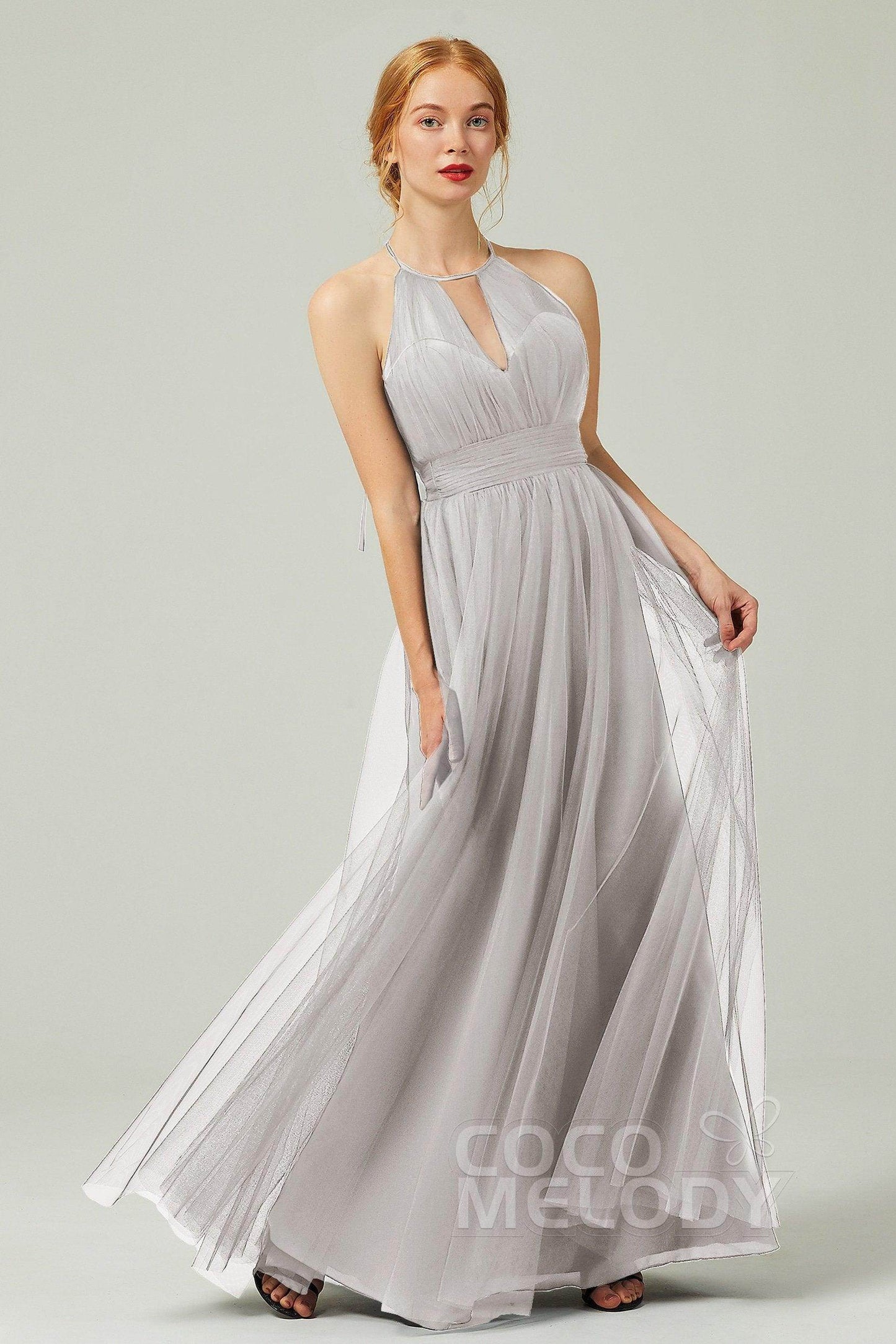 A-Line Floor Length Tulle Bridesmaid Dress CB0334PS - COCOMELODY