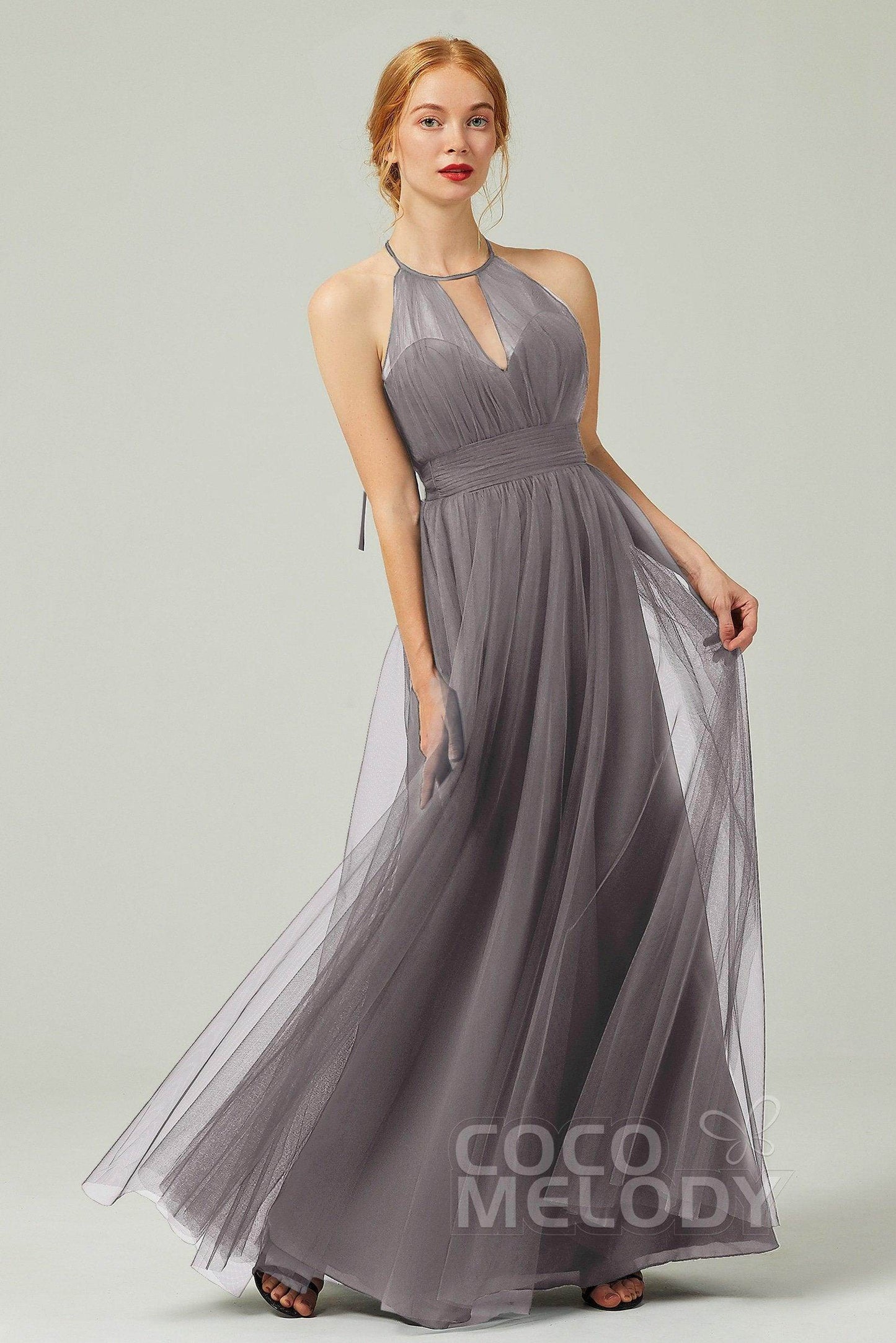 A-Line Floor Length Tulle Bridesmaid Dress CB0334PS - COCOMELODY