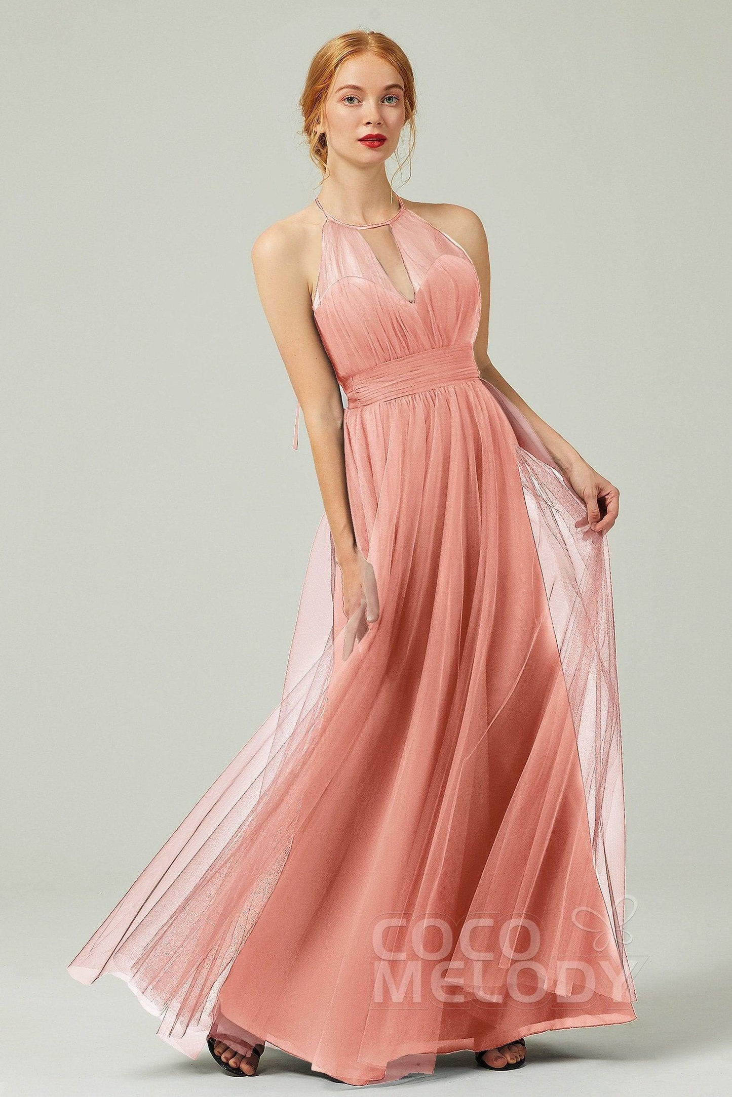 A-Line Floor Length Tulle Bridesmaid Dress CB0334PS - COCOMELODY