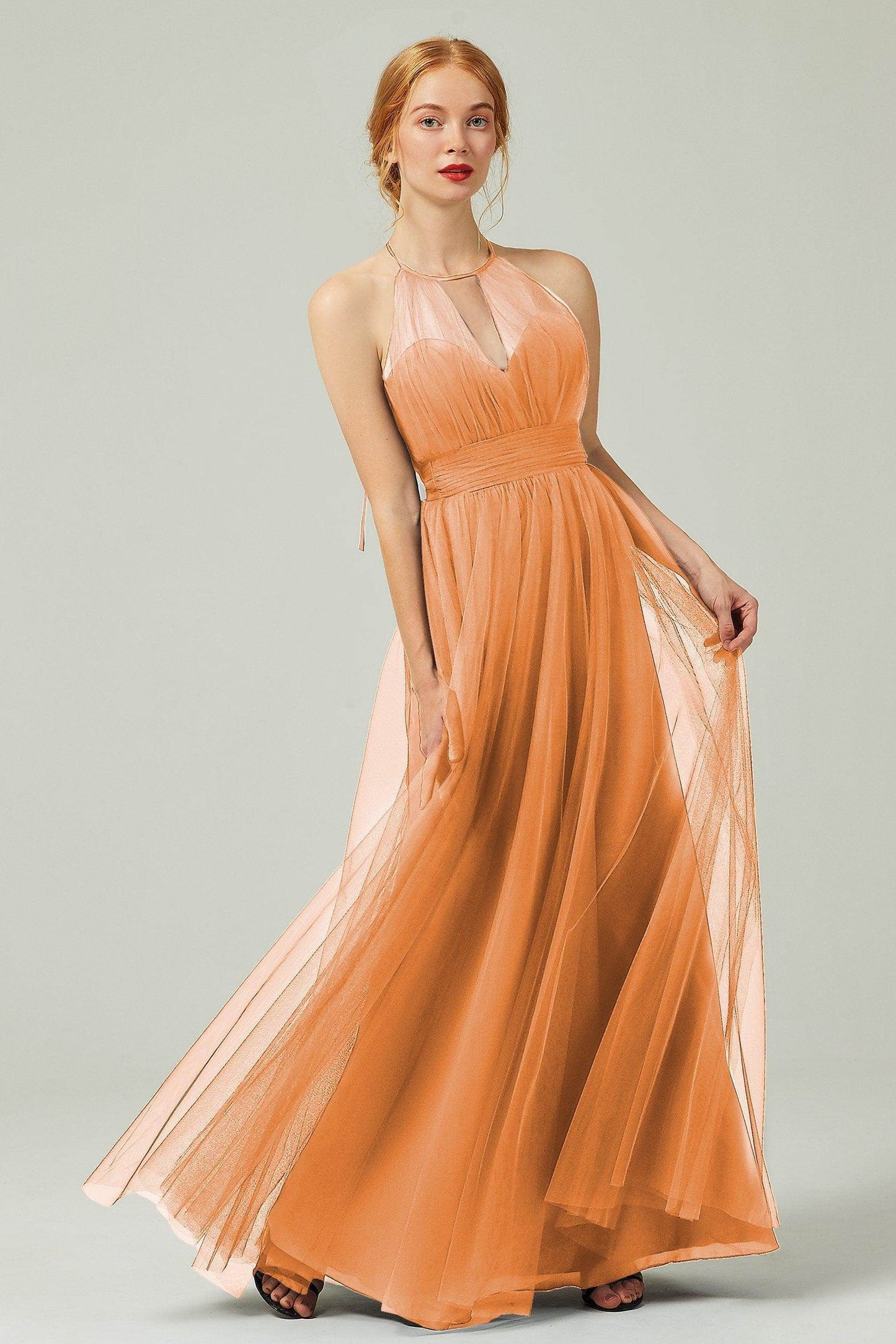 A-Line Floor Length Tulle Bridesmaid Dress CB0334PS - COCOMELODY