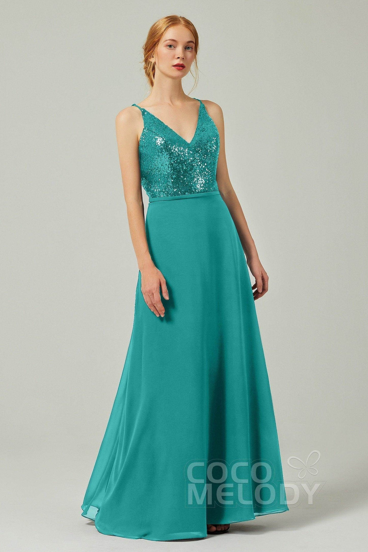 A-Line Floor Length Chiffon Sequined Bridesmaid Dress Formal Dresses CB0335 - COCOMELODY