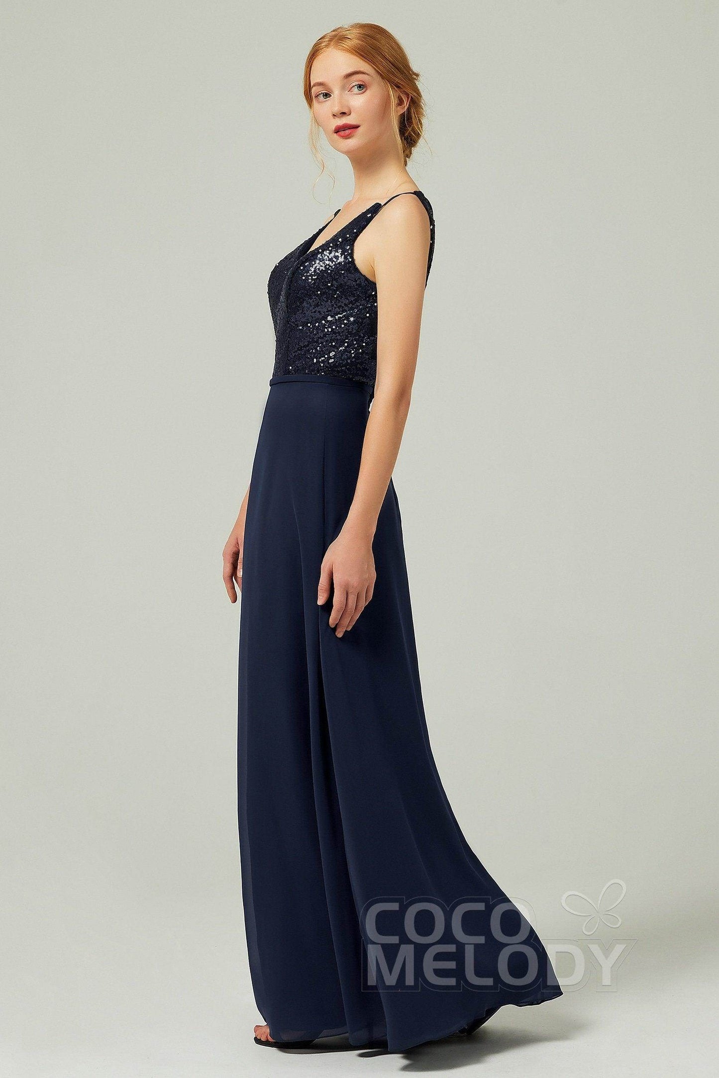 A-Line Floor Length Chiffon Sequined Bridesmaid Dress Formal Dresses CB0335 - COCOMELODY