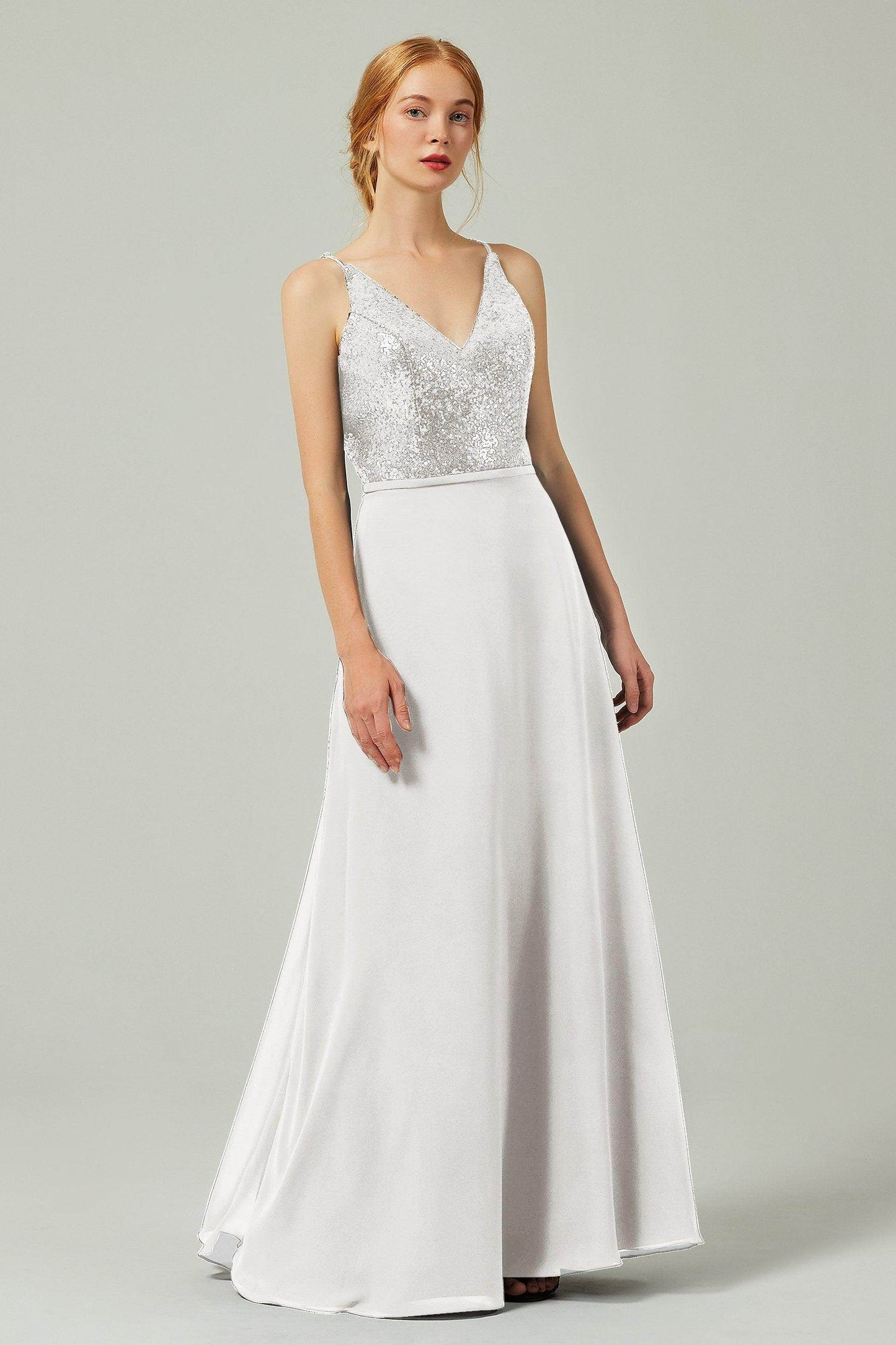 A-Line Floor Length Chiffon Sequined Bridesmaid Dress Formal Dresses CB0335 - COCOMELODY