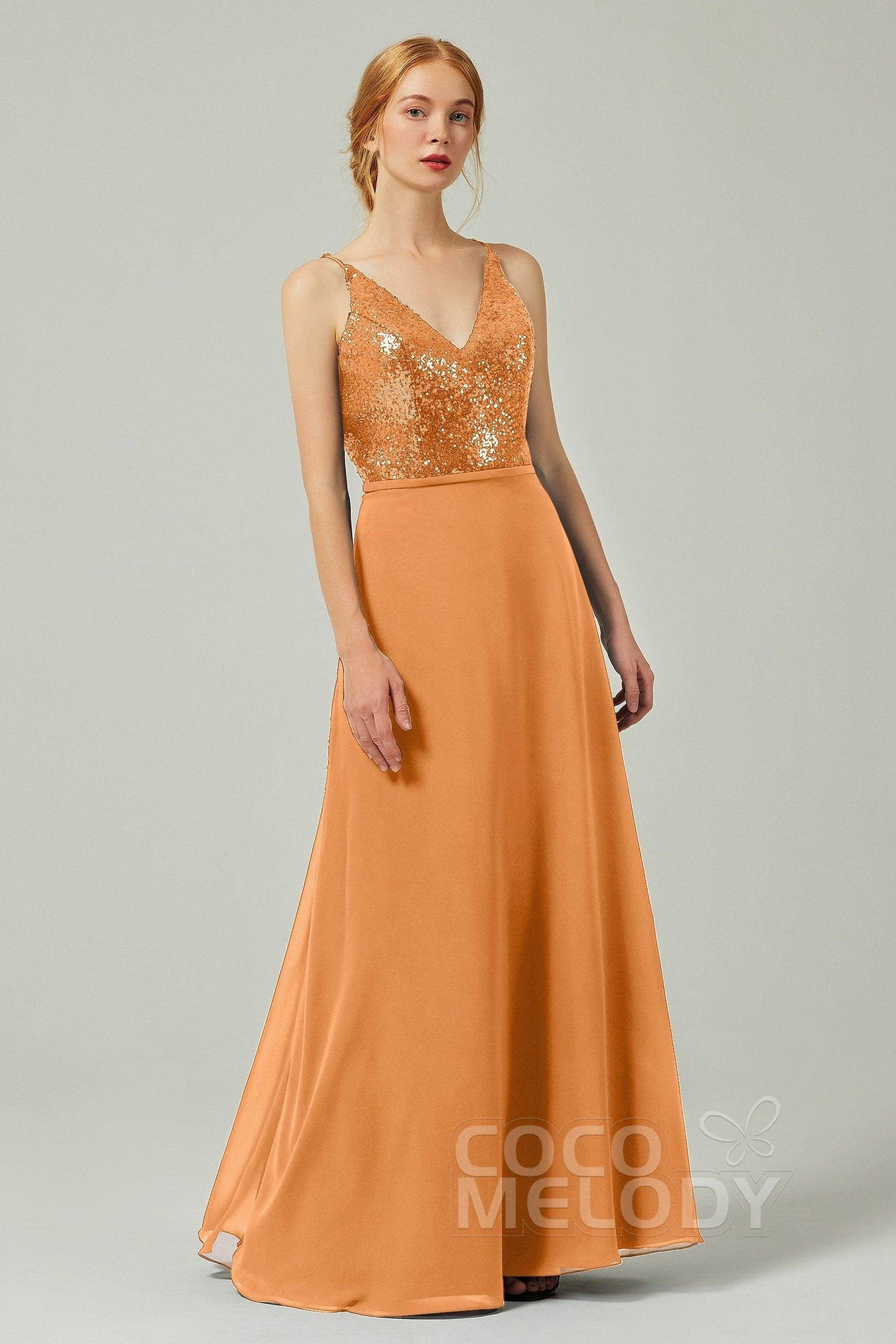 A-Line Floor Length Chiffon Sequined Bridesmaid Dress Formal Dresses CB0335 - COCOMELODY