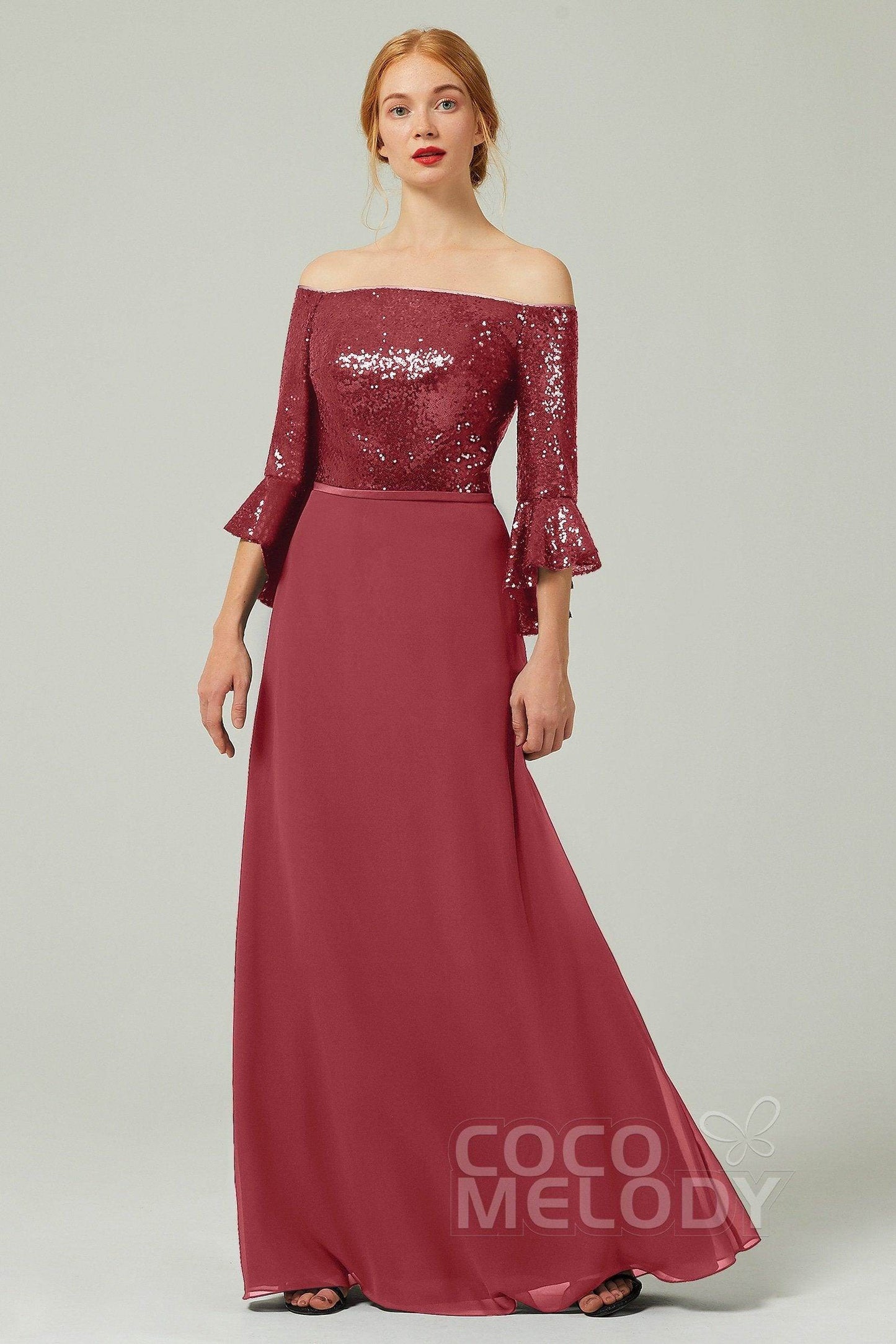 A-Line Floor Length Chiffon Sequined Bridesmaid Dress Formal Dresses CB0336 - COCOMELODY