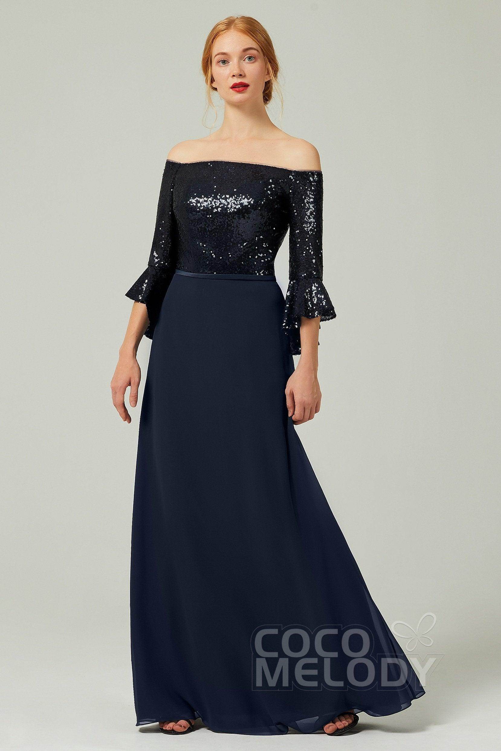 Floor Length Chiffon Sequined Bell Sleeve Bridesmaid Dress COCOMELODY CB0336, Mulberry Floor Length Chiffon Sequined Bell Sleeve Bridesmaid Dress COCOMELODY CB0336, Mulberry
