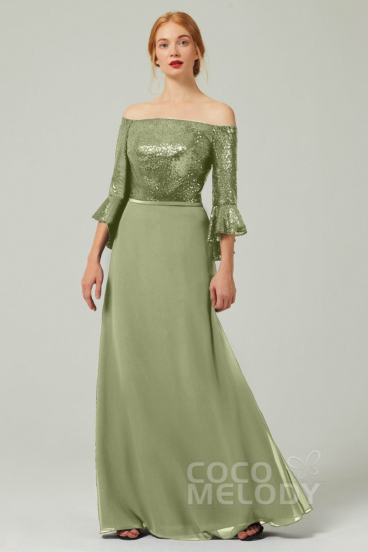 A-Line Floor Length Chiffon Sequined Bridesmaid Dress Formal Dresses CB0336 - COCOMELODY