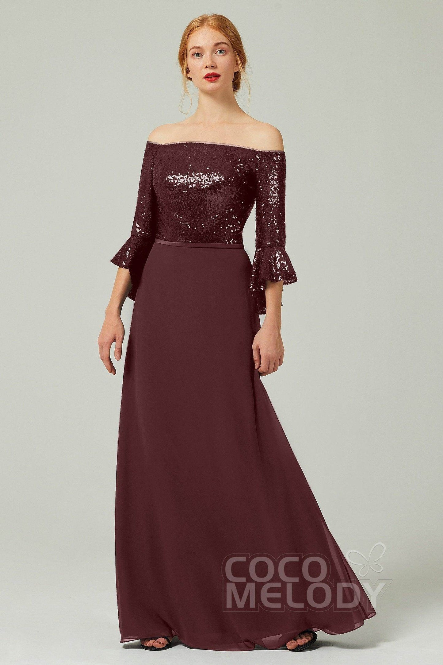 A-Line Floor Length Chiffon Sequined Bridesmaid Dress Formal Dresses CB0336 - COCOMELODY