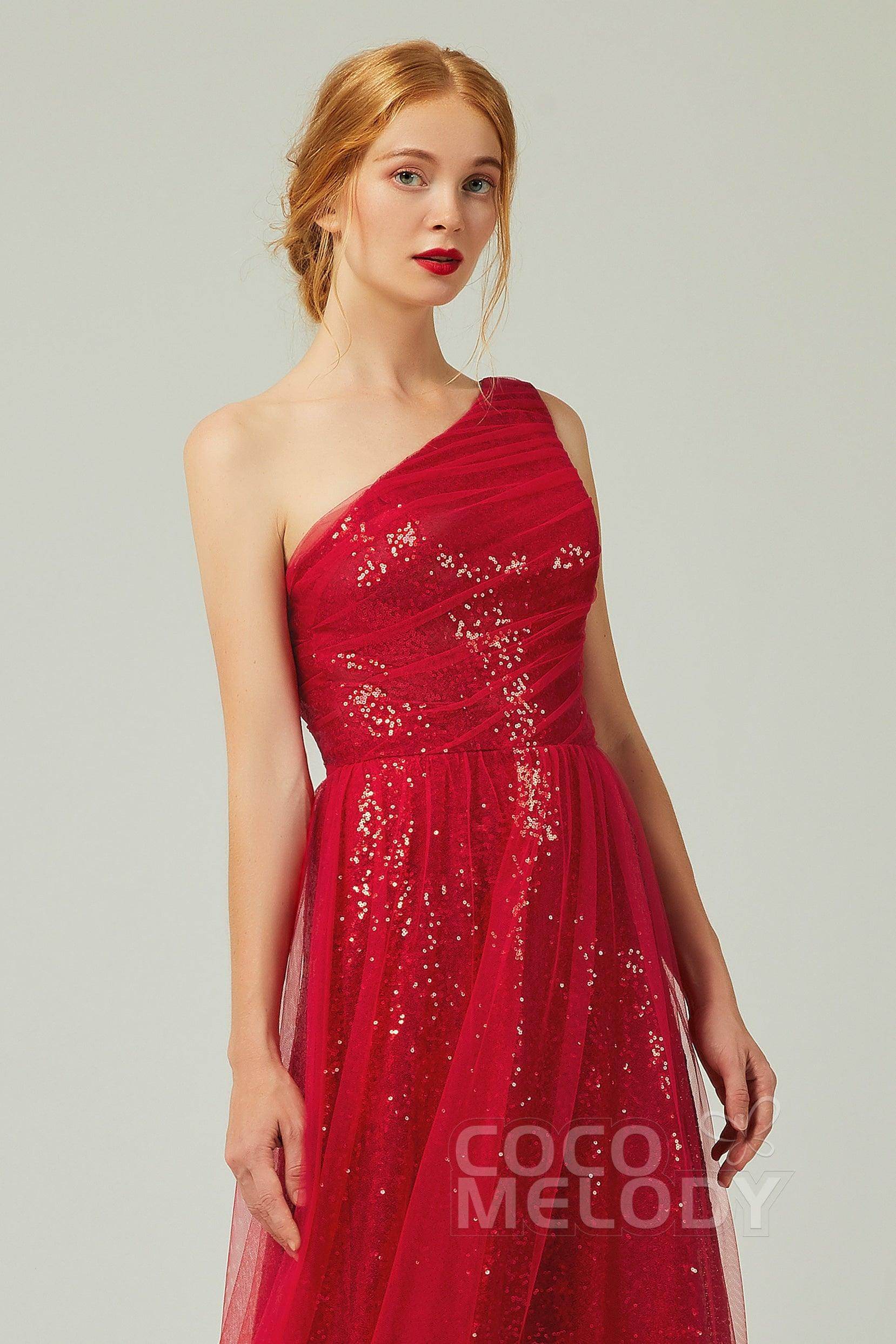 A-Line Floor Length Tulle Sequined Bridesmaid Dress CB0342 - COCOMELODY