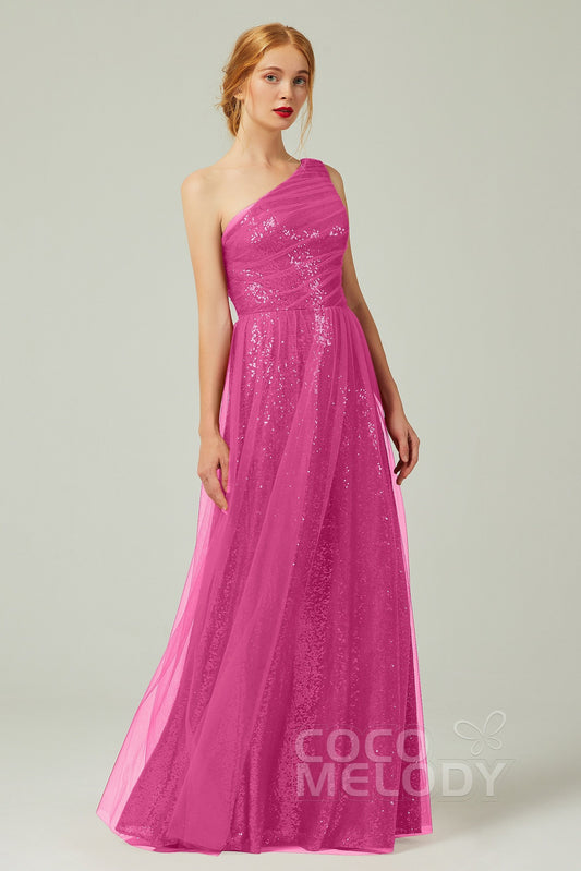 A-Line Floor Length Tulle Sequined Bridesmaid Dress CB0342