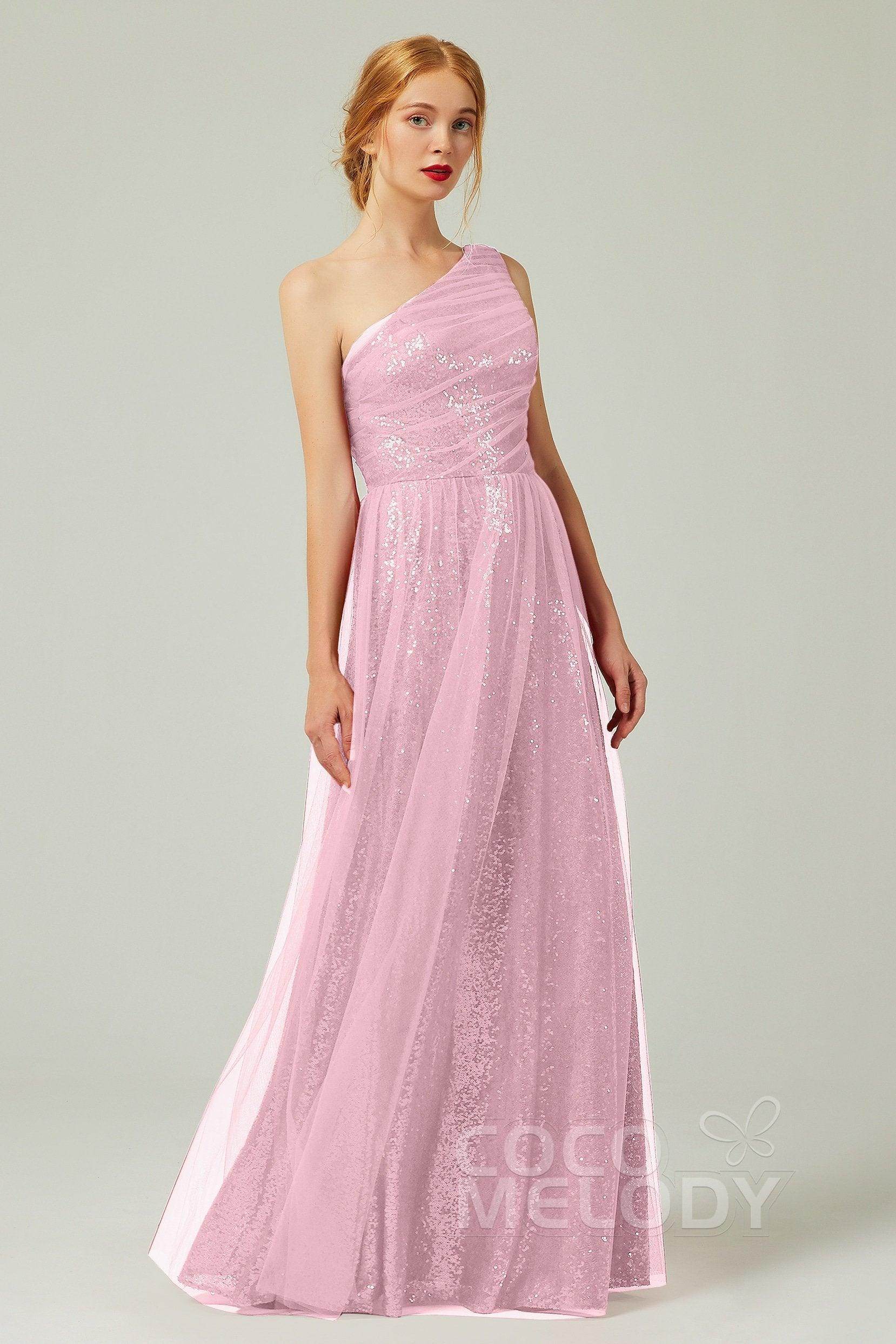 A-Line Floor Length Tulle Sequined Bridesmaid Dress CB0342 - COCOMELODY