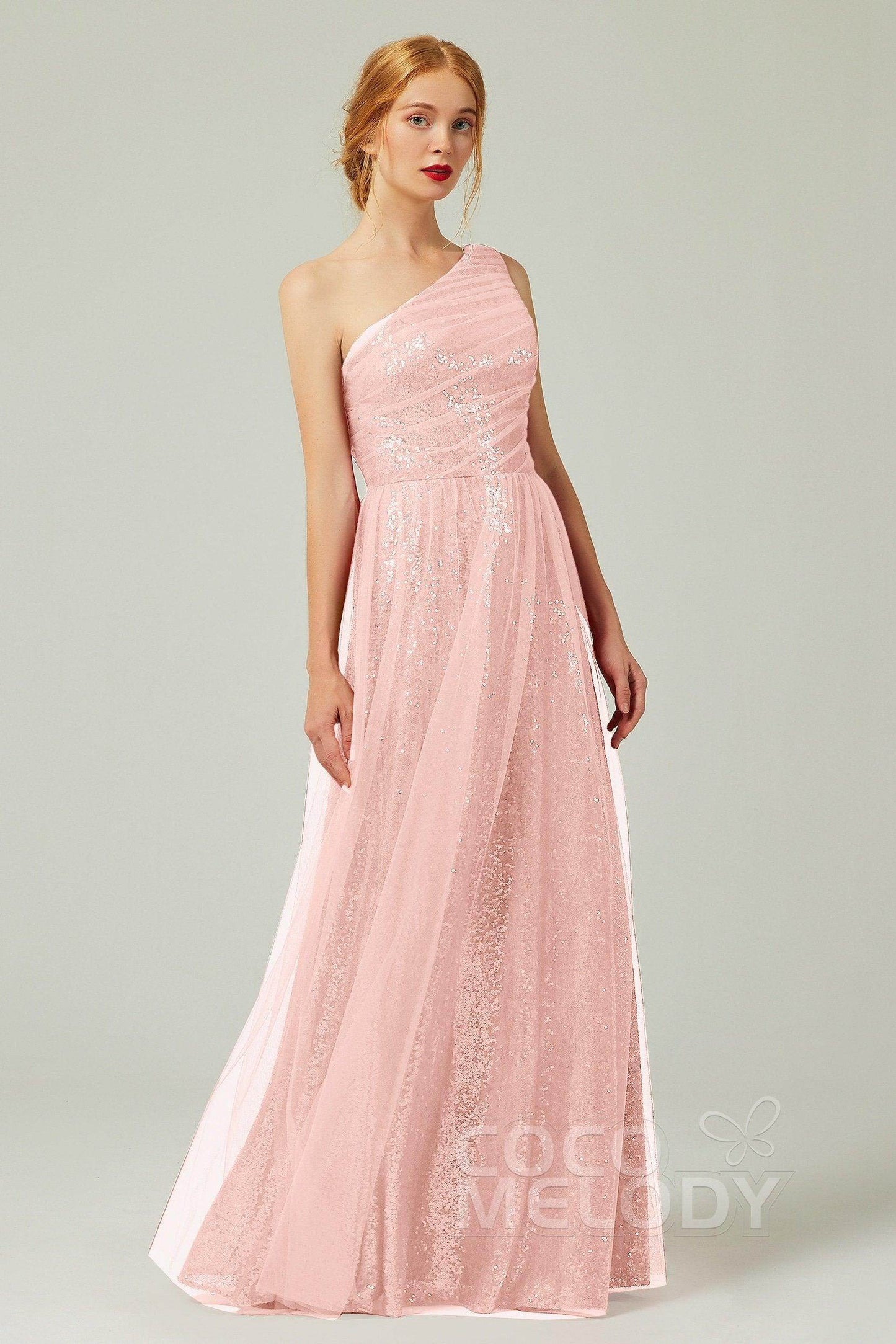 A-Line Floor Length Tulle Sequined Bridesmaid Dress CB0342 - COCOMELODY