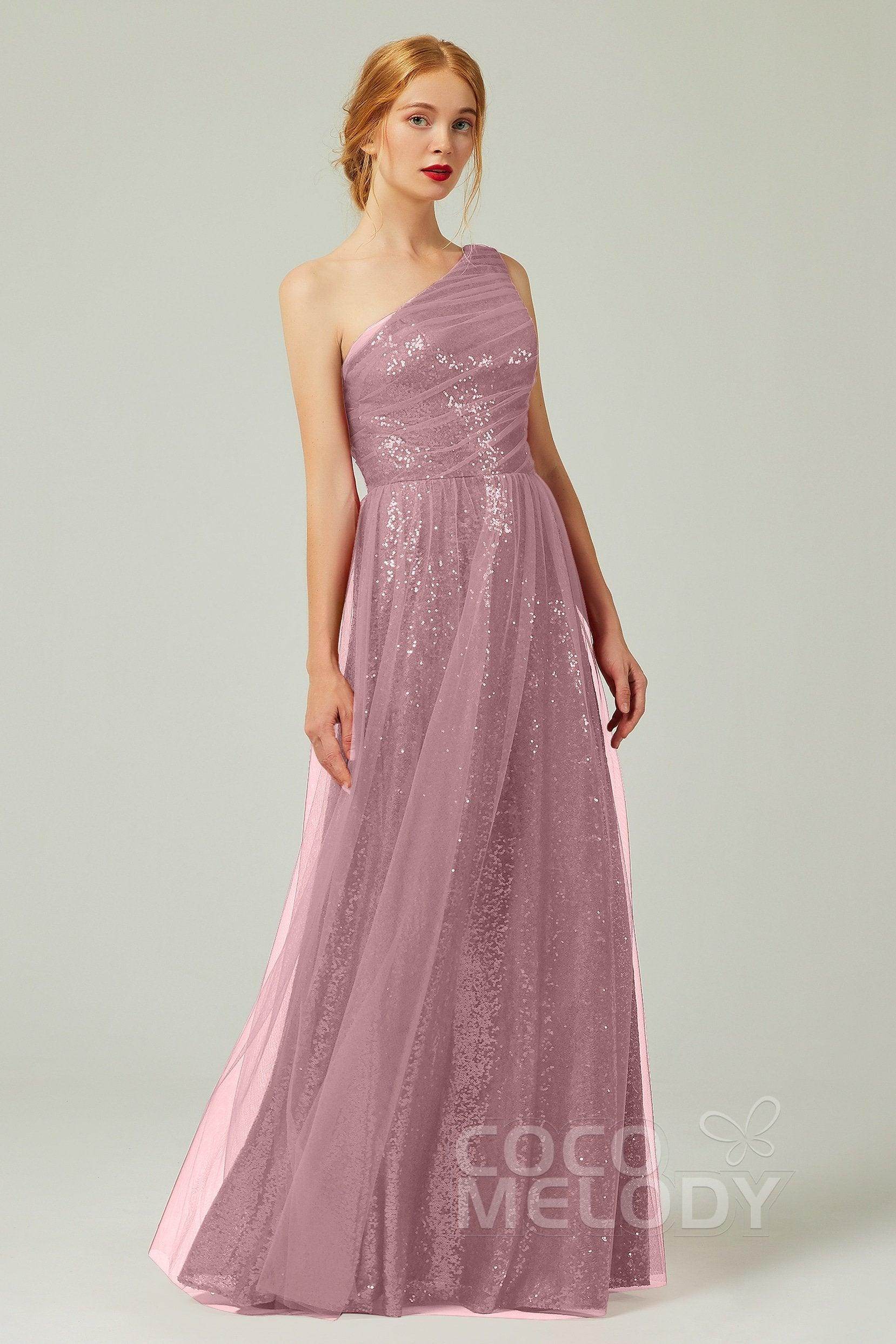 A-Line Floor Length Tulle Sequined Bridesmaid Dress CB0342 - COCOMELODY