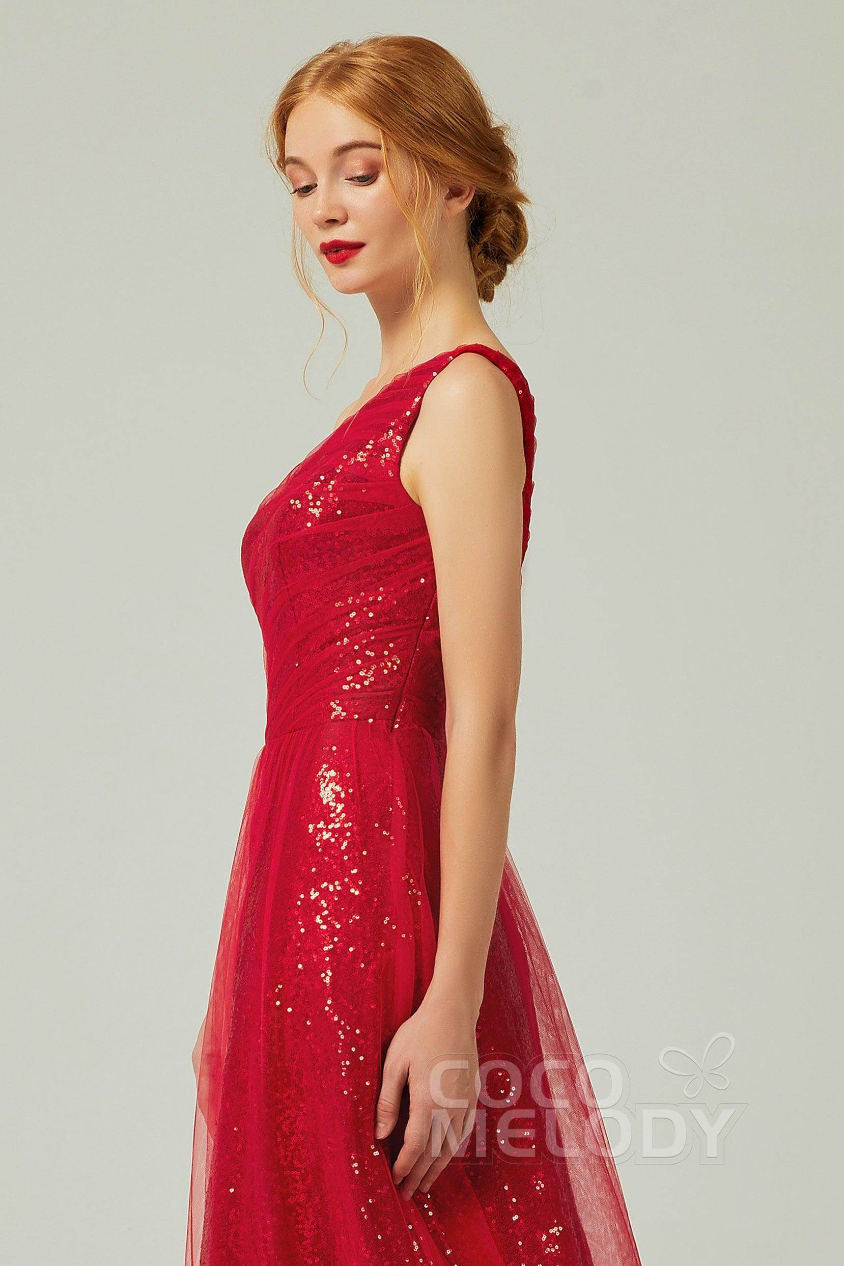 A-Line Floor Length Tulle Sequined Bridesmaid Dress CB0342 - COCOMELODY