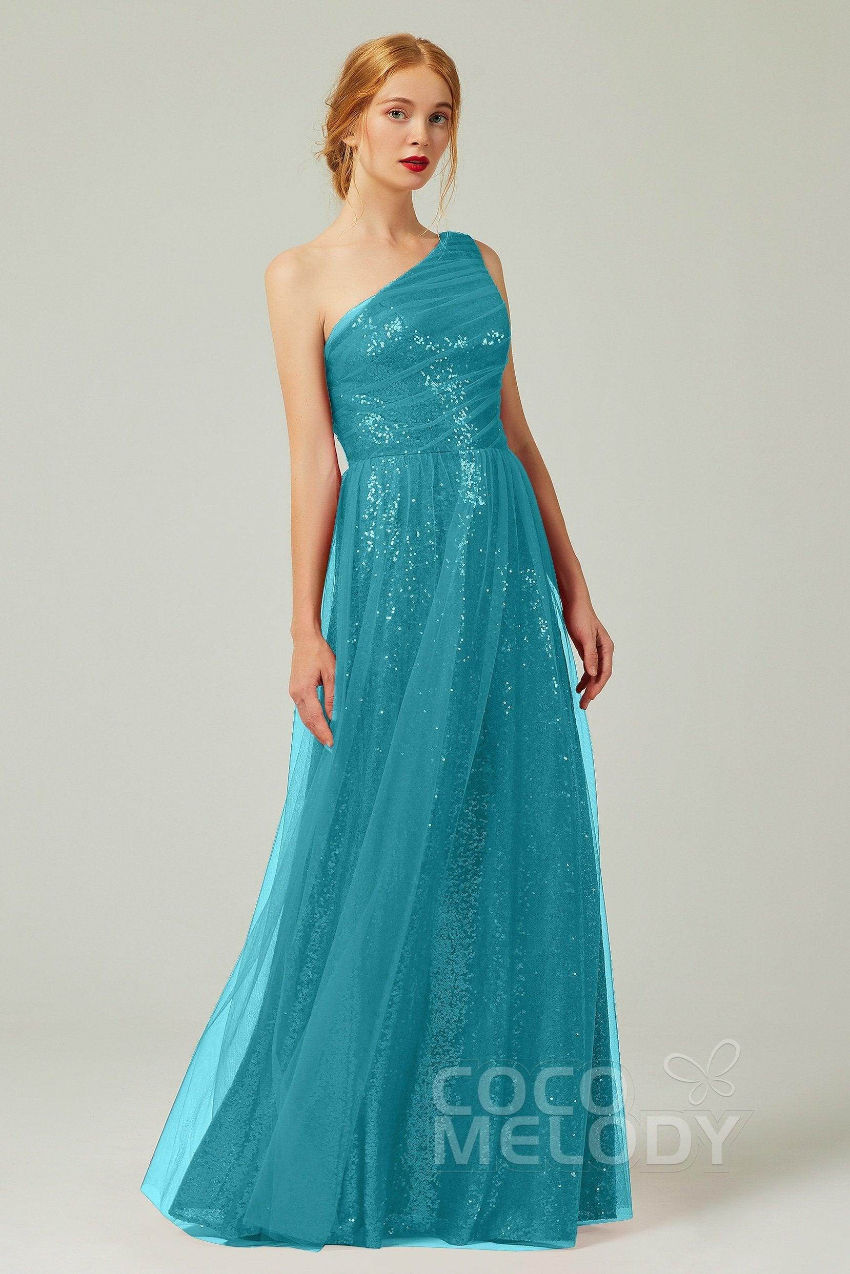 A-Line Floor Length Tulle Sequined Bridesmaid Dress CB0342 - COCOMELODY