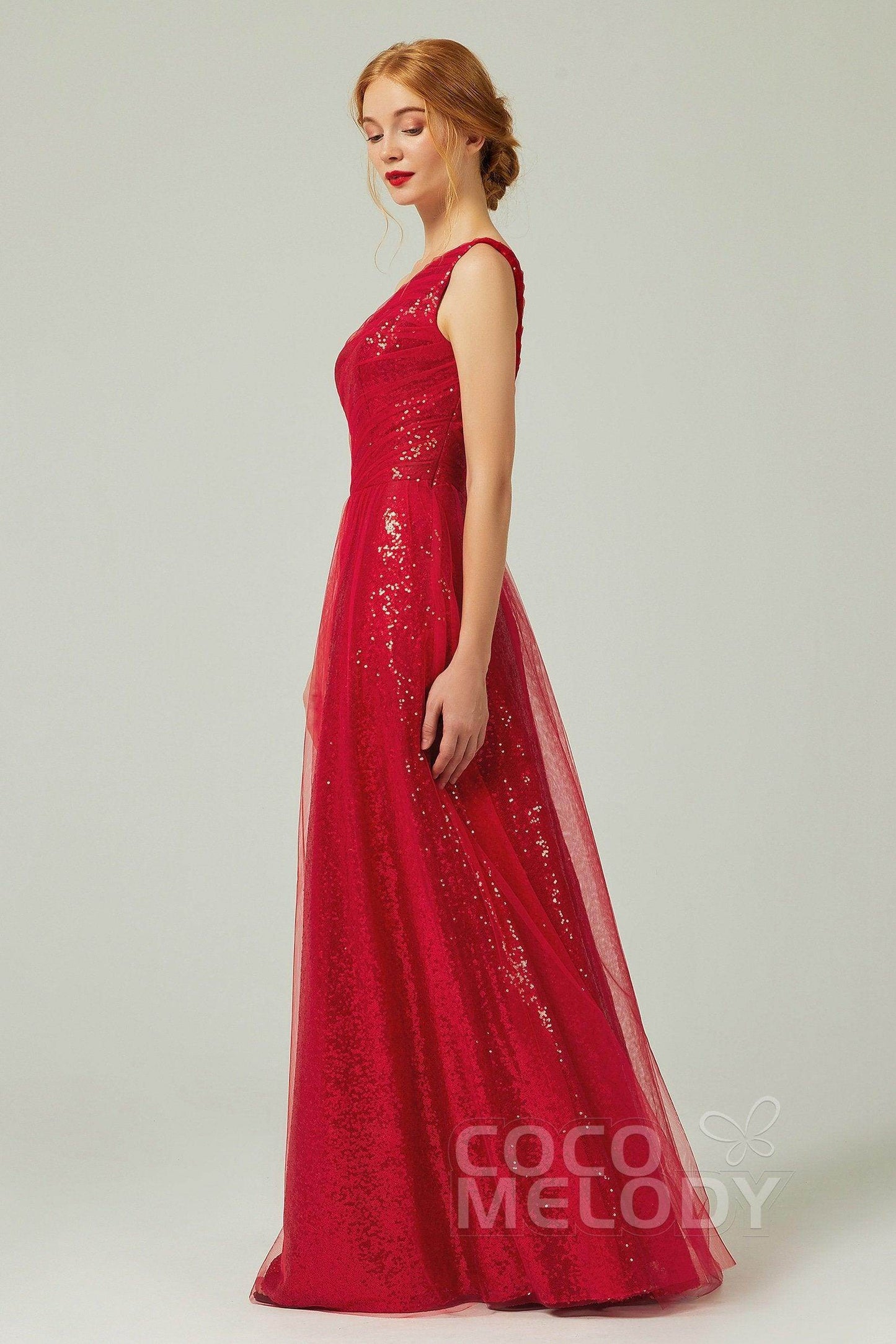 A-Line Floor Length Tulle Sequined Bridesmaid Dress CB0342 - COCOMELODY