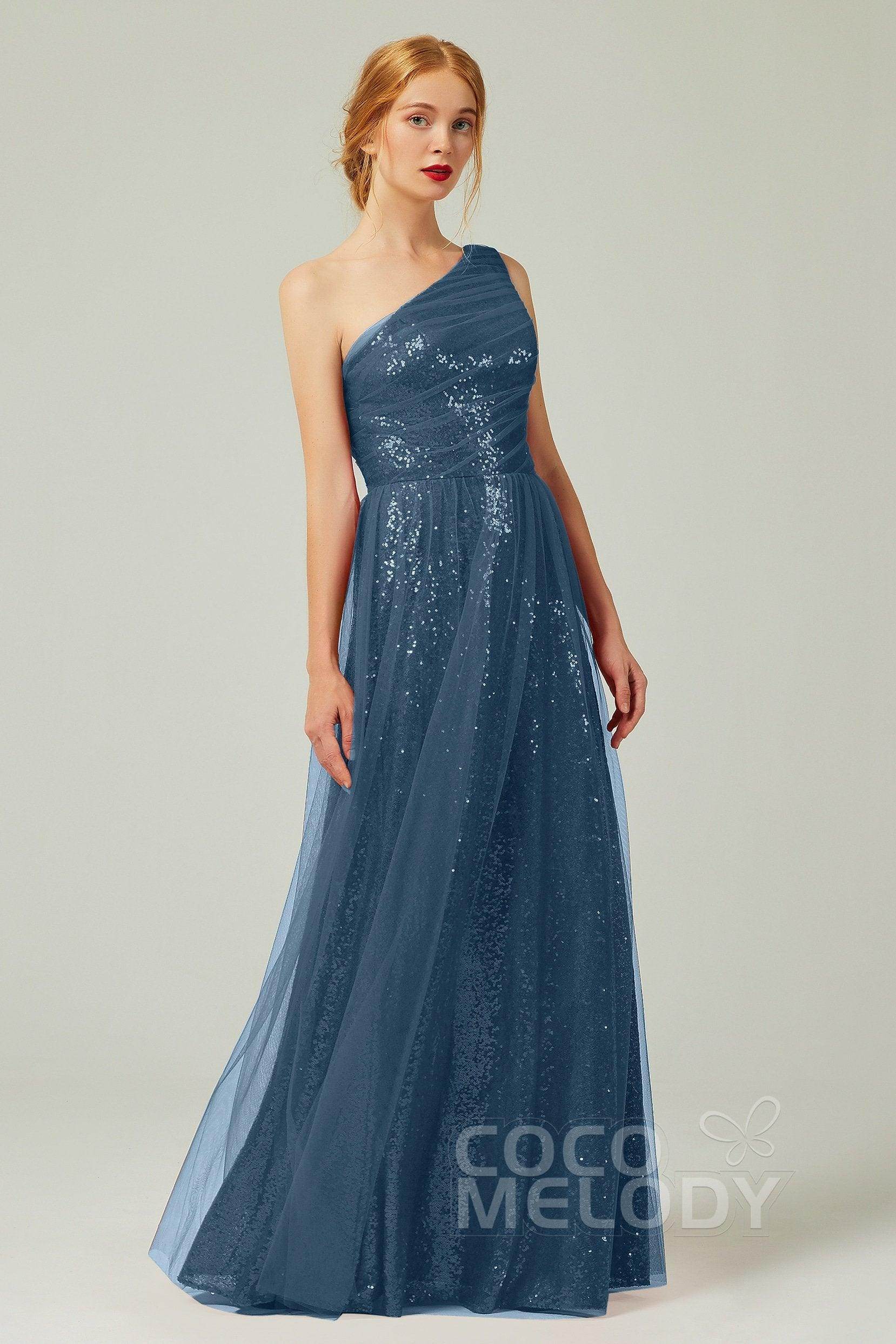A-Line Floor Length Tulle Sequined Bridesmaid Dress CB0342 - COCOMELODY