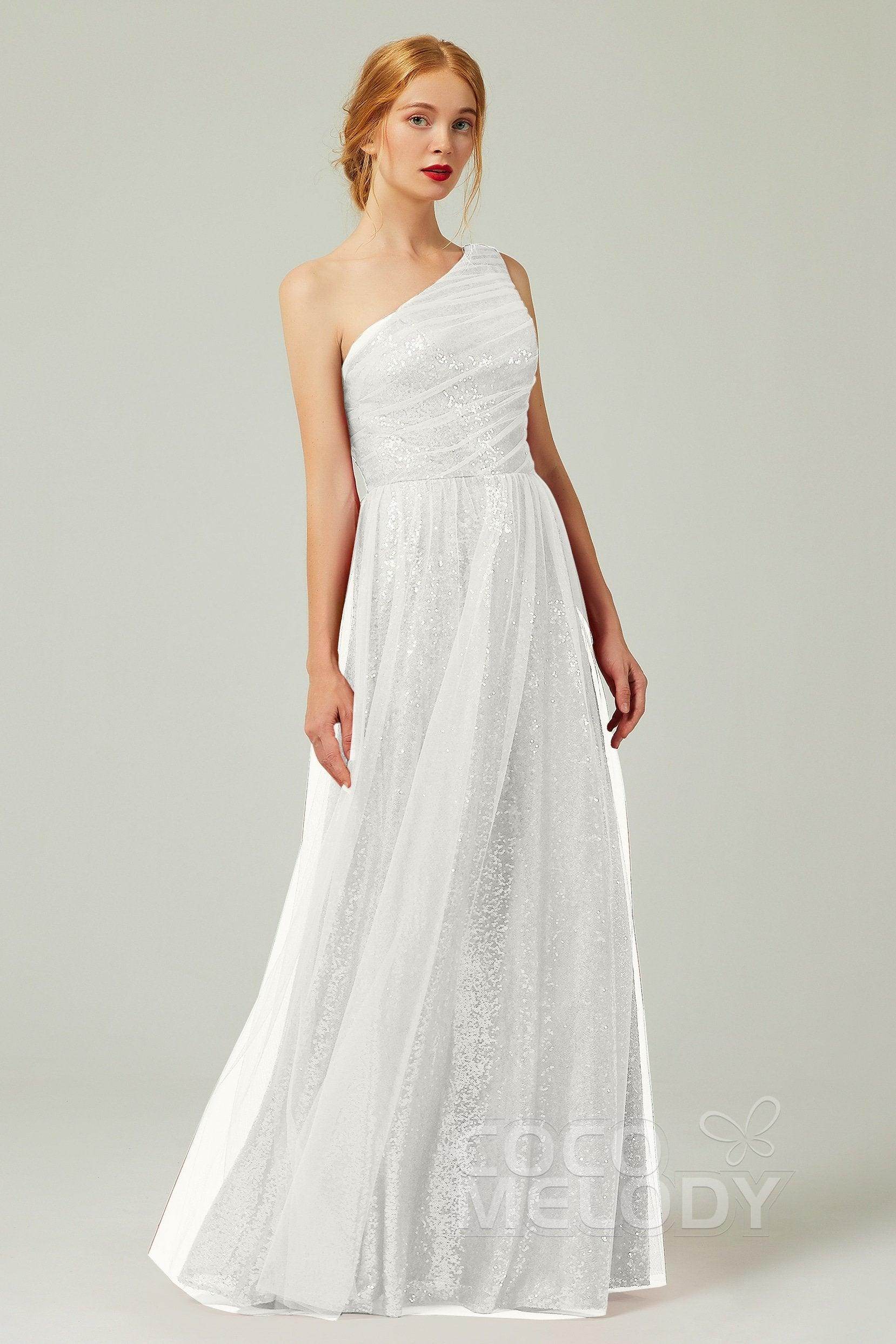 A-Line Floor Length Tulle Sequined Bridesmaid Dress CB0342 - COCOMELODY