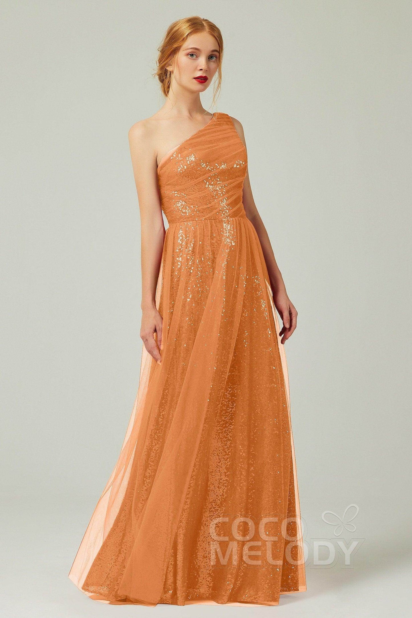 A-Line Floor Length Tulle Sequined Bridesmaid Dress CB0342 - COCOMELODY