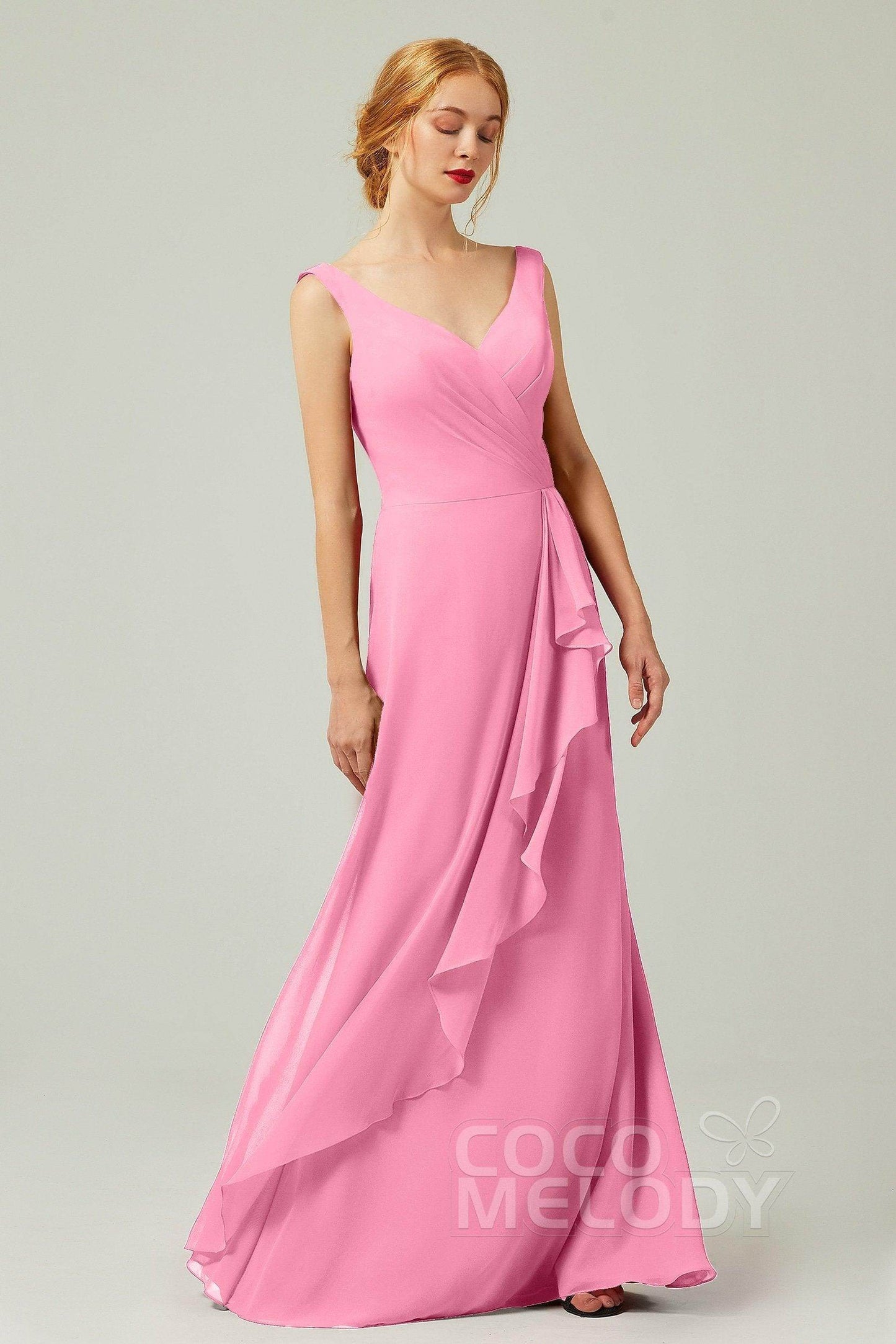 Sheath-Column Floor Length Chiffon Bridesmaid Dress Formal Dresses CB0344PS - COCOMELODY