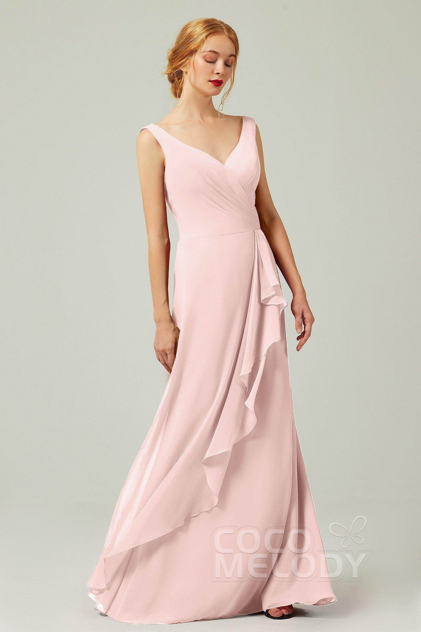 Sheath-Column Floor Length Chiffon Bridesmaid Dress Formal Dresses CB0344PS - COCOMELODY