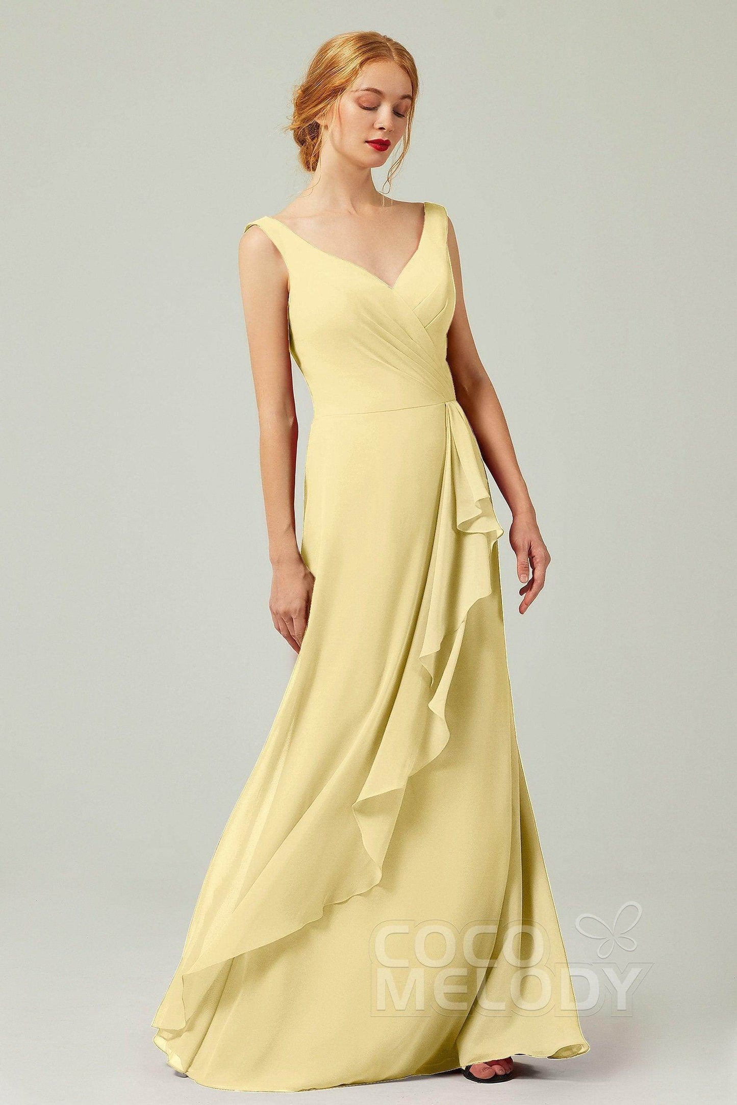 Sheath-Column Floor Length Chiffon Bridesmaid Dress Formal Dresses CB0344PS - COCOMELODY