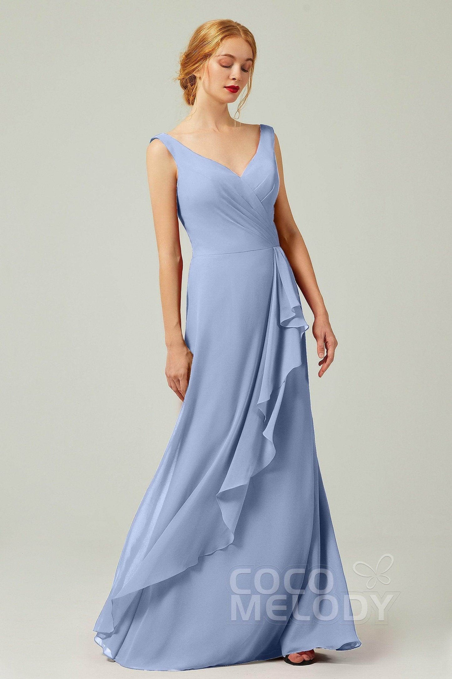 Sheath-Column Floor Length Chiffon Bridesmaid Dress Formal Dresses CB0344PS - COCOMELODY