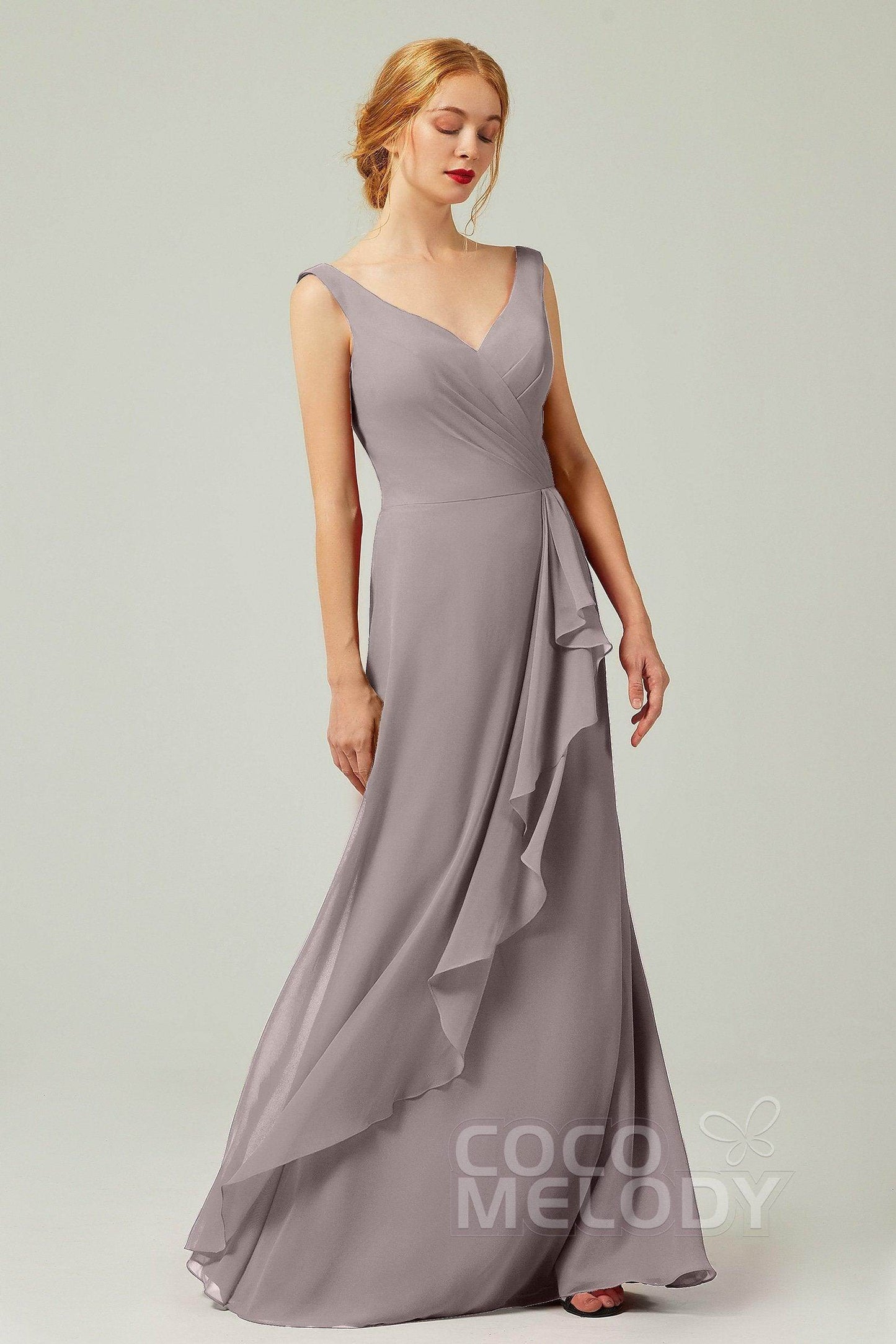 Sheath-Column Floor Length Chiffon Bridesmaid Dress Formal Dresses CB0344PS - COCOMELODY