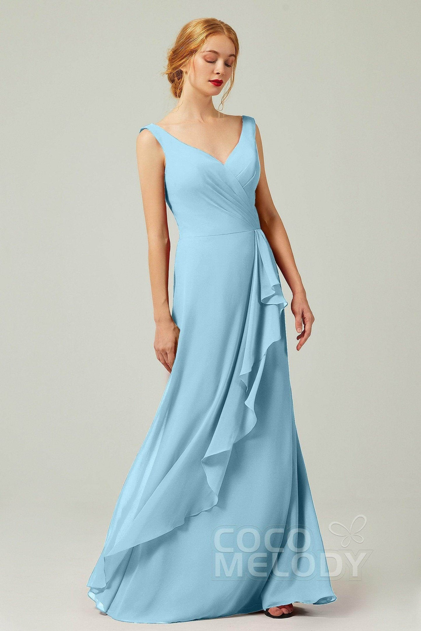Sheath-Column Floor Length Chiffon Bridesmaid Dress Formal Dresses CB0344PS - COCOMELODY
