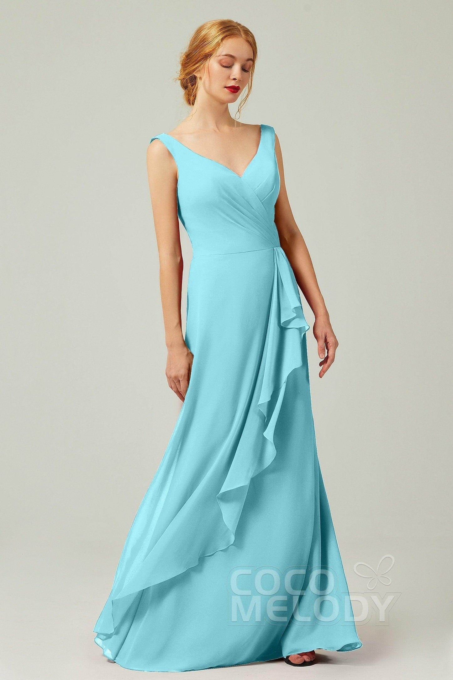 Sheath-Column Floor Length Chiffon Bridesmaid Dress Formal Dresses CB0344PS - COCOMELODY