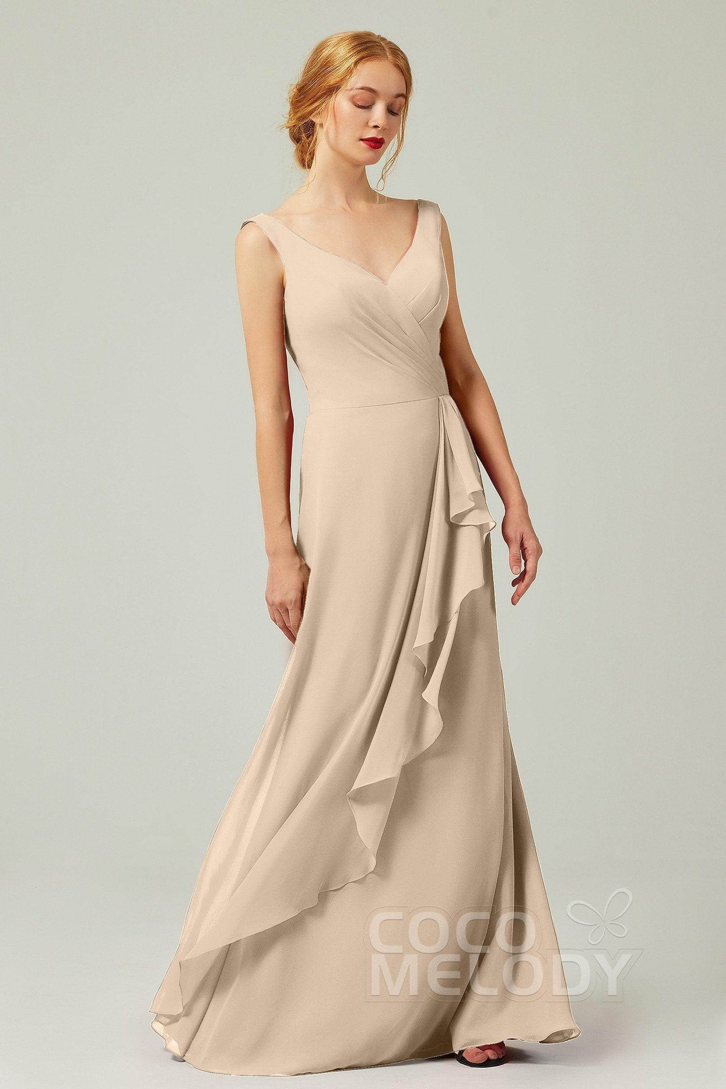 Sheath-Column Floor Length Chiffon Bridesmaid Dress Formal Dresses CB0344PS - COCOMELODY