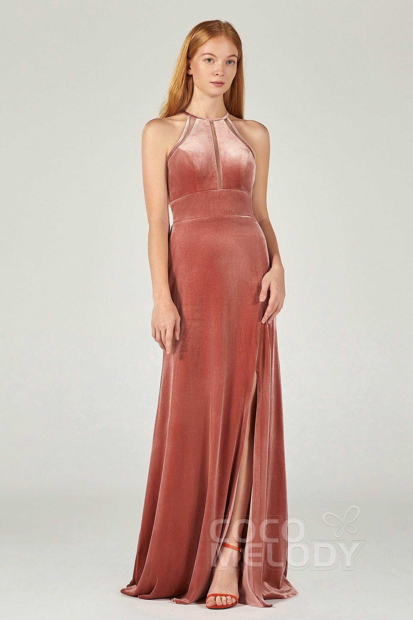 A-Line Floor Length Velvet Bridesmaid Dress Formal Dresses CB0362 - COCOMELODY