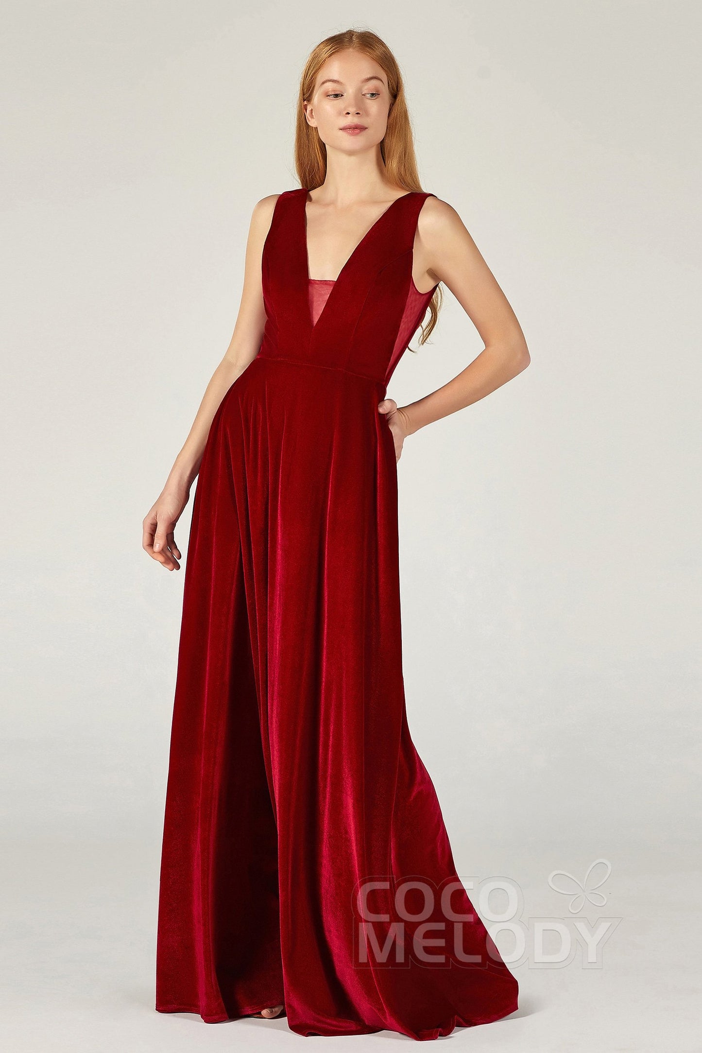 A-Line Floor Length Velvet Bridesmaid Dress CB0364