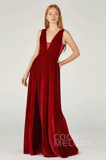 A-Line Floor Length Velvet Bridesmaid Dress CB0364CR - COCOMELODY