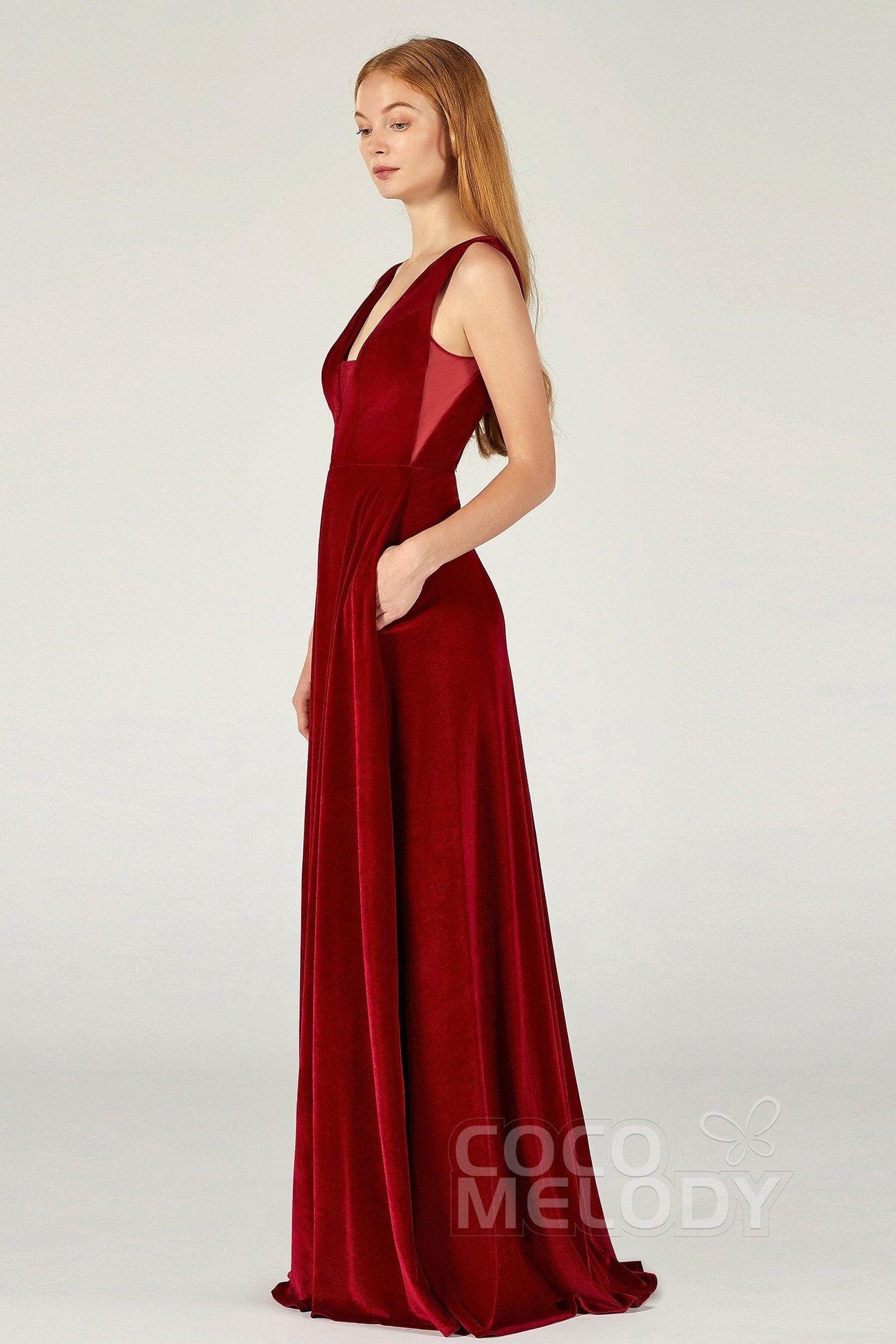 A-Line Floor Length Velvet Bridesmaid Dress CB0364 - COCOMELODY