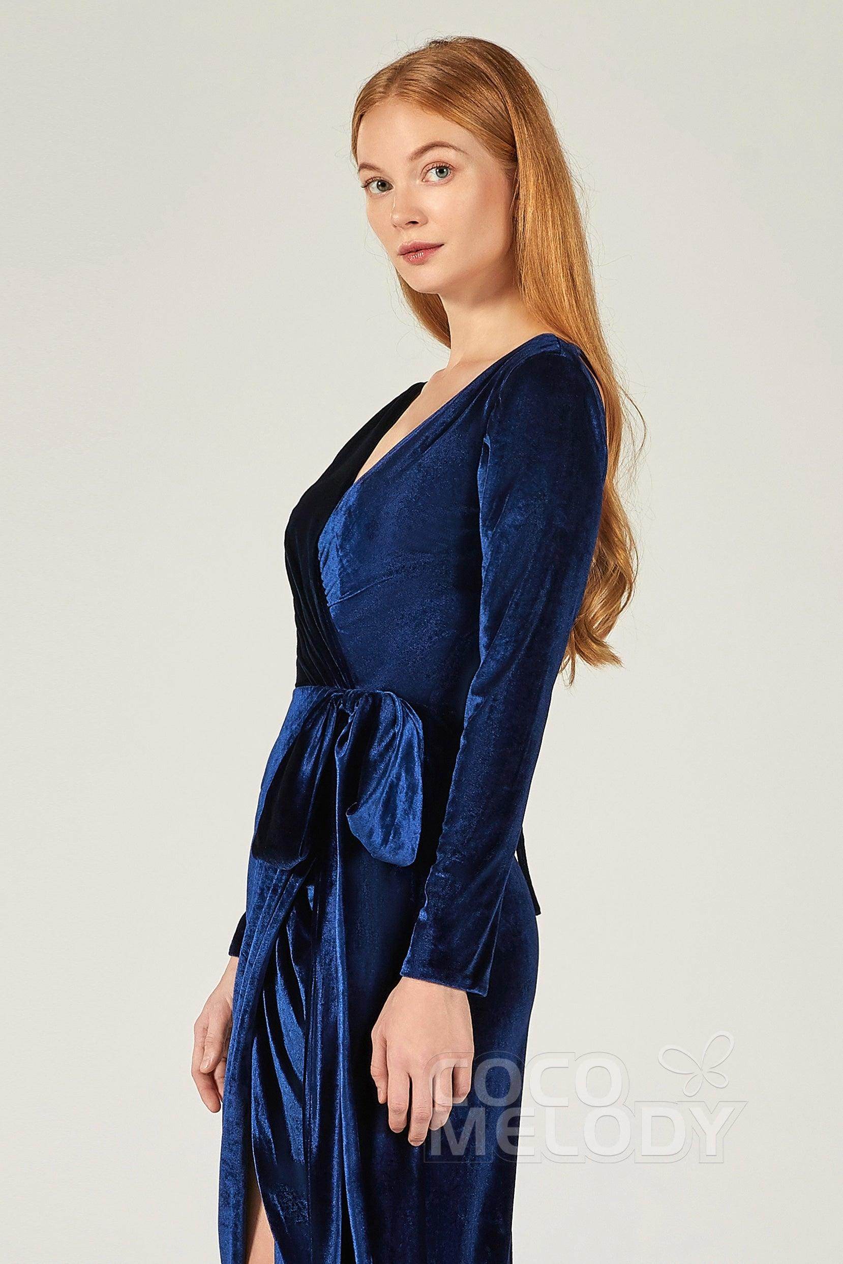 Sheath-Column Floor Length Velvet Bridesmaid Dress CB0366 - COCOMELODY