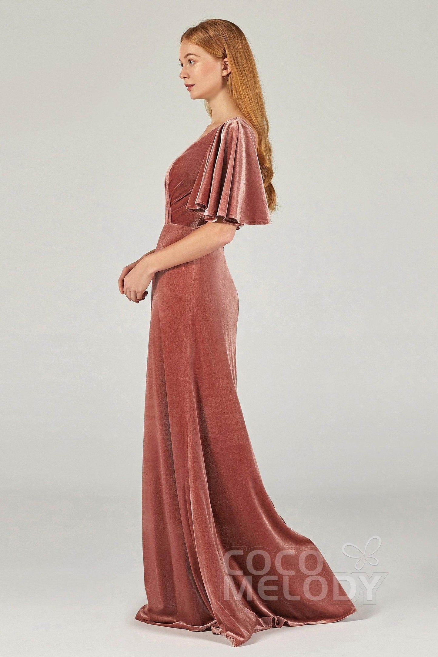 A-Line Floor Length Velvet Bridesmaid Dress Formal Dresses CB0367PS - COCOMELODY