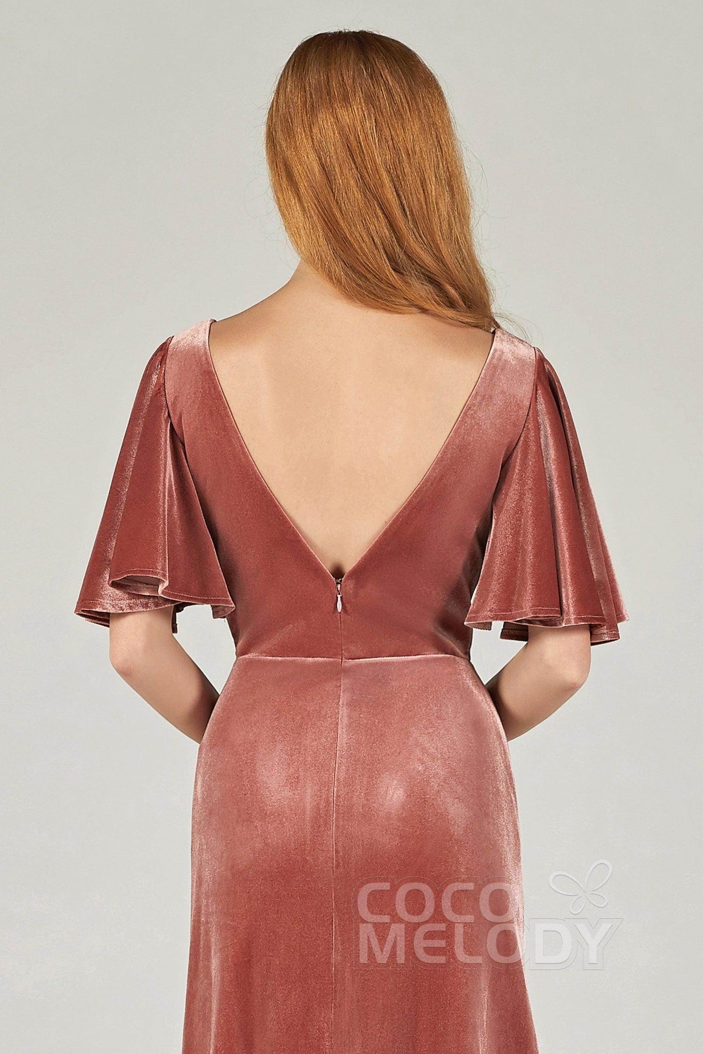 A-Line Floor Length Velvet Bridesmaid Dress Formal Dresses CB0367PS - COCOMELODY
