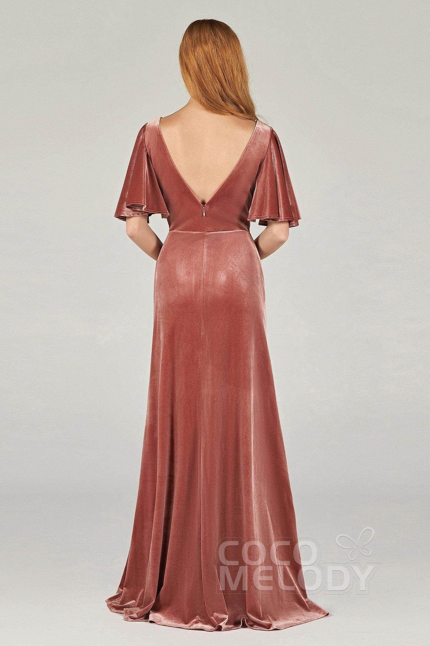 A-Line Floor Length Velvet Bridesmaid Dress Formal Dresses CB0367PS - COCOMELODY