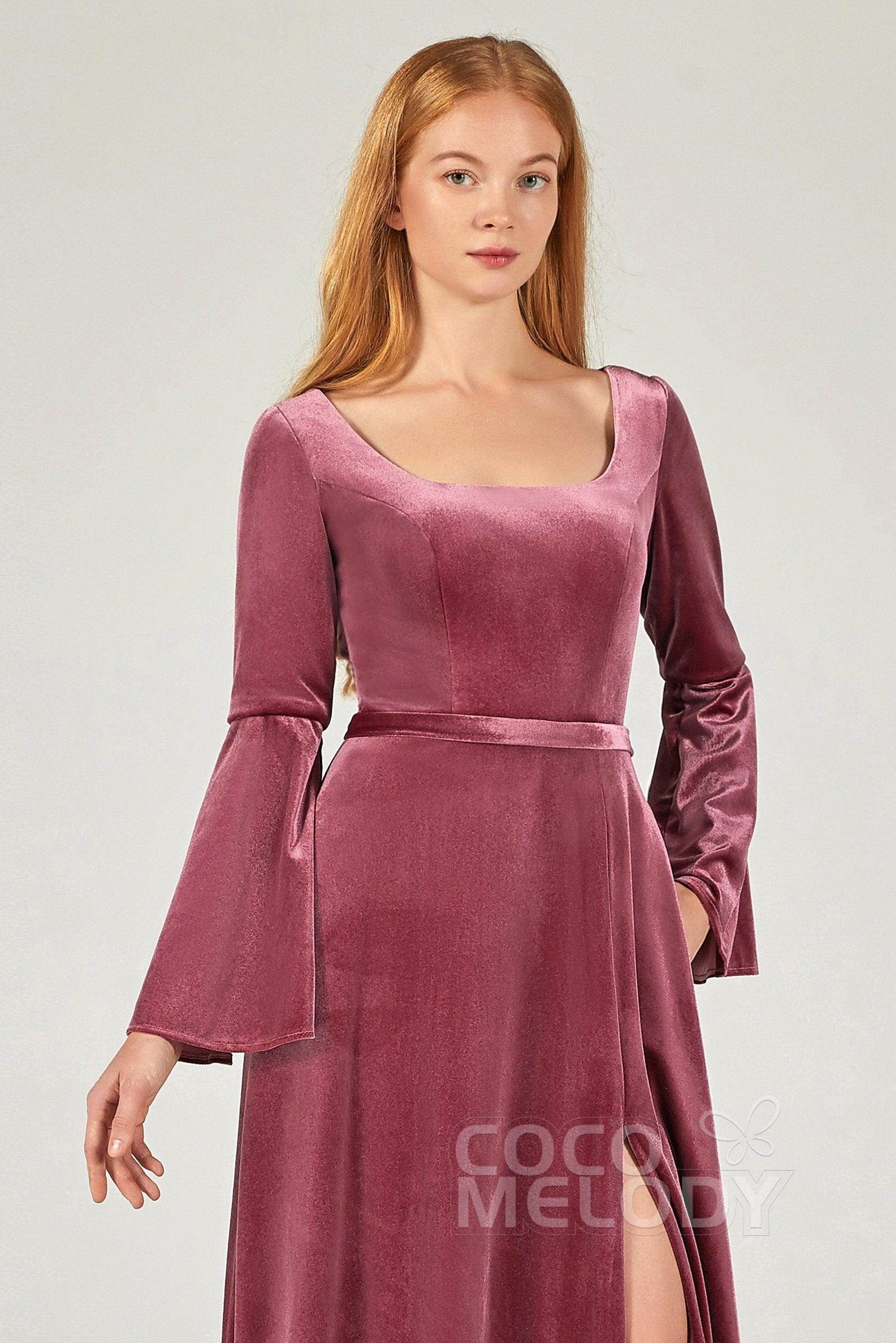 A-Line Floor Length Velvet Bridesmaid Dress Formal Dresses CB0370 - COCOMELODY