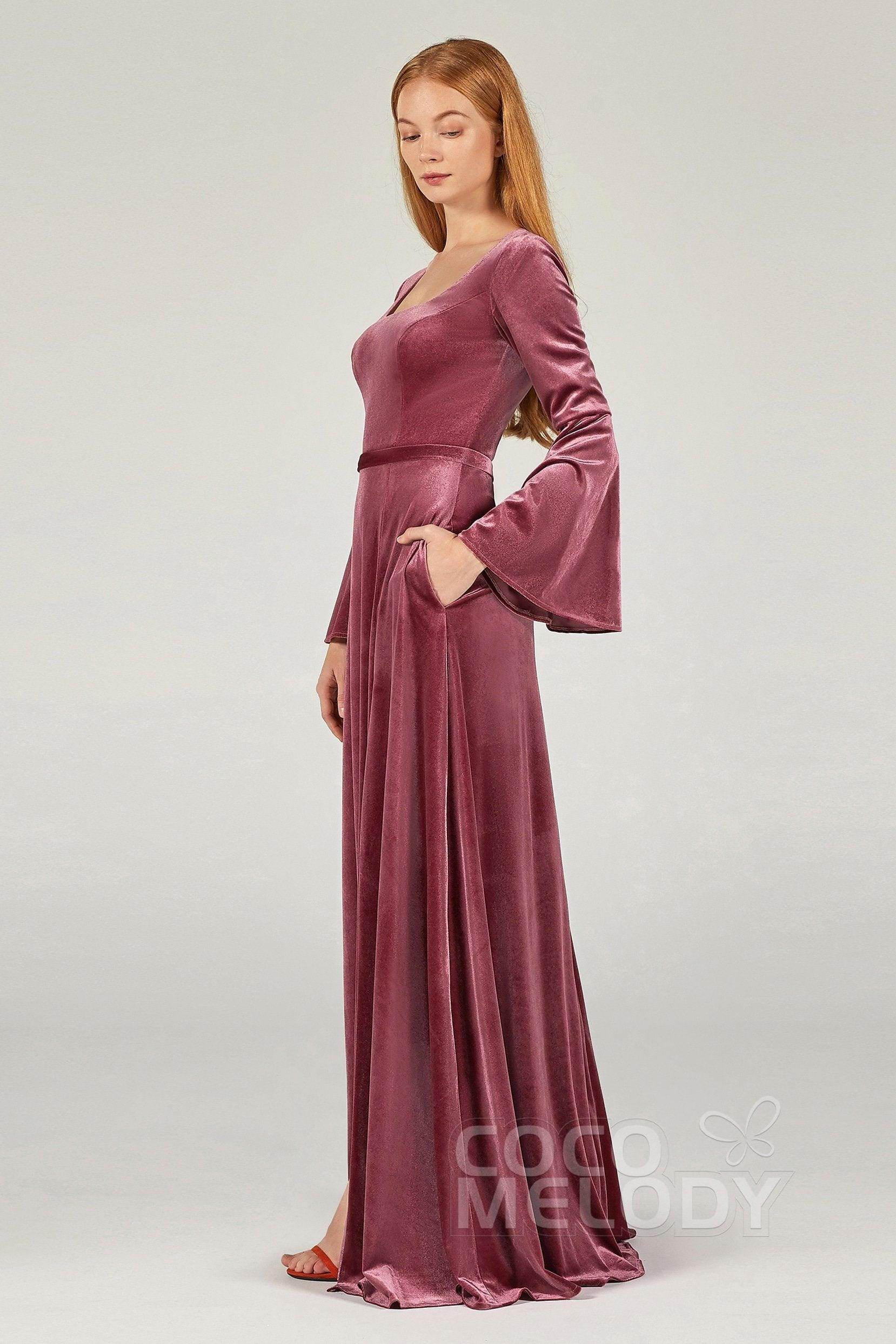 A-Line Floor Length Velvet Bridesmaid Dress Formal Dresses CB0370 - COCOMELODY