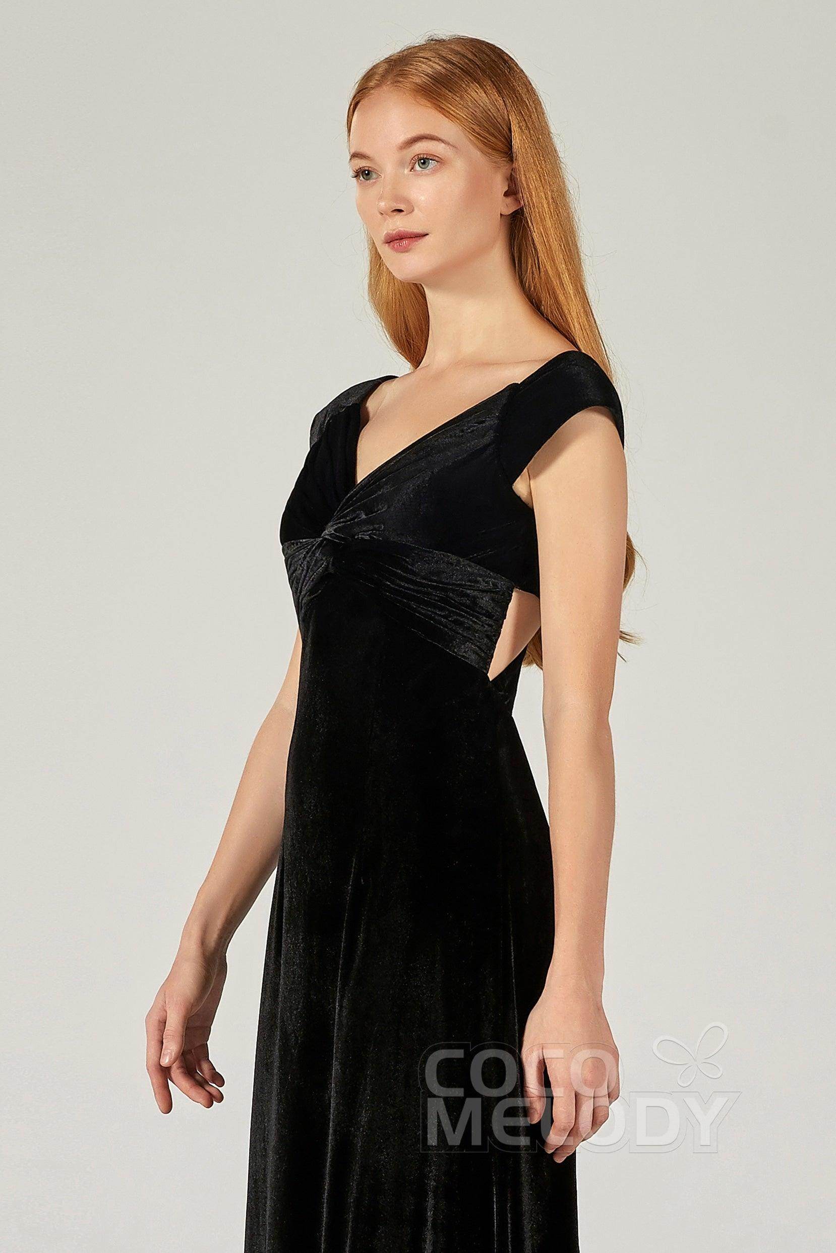 A-Line Floor Length Velvet Bridesmaid Dress CB0371 - COCOMELODY