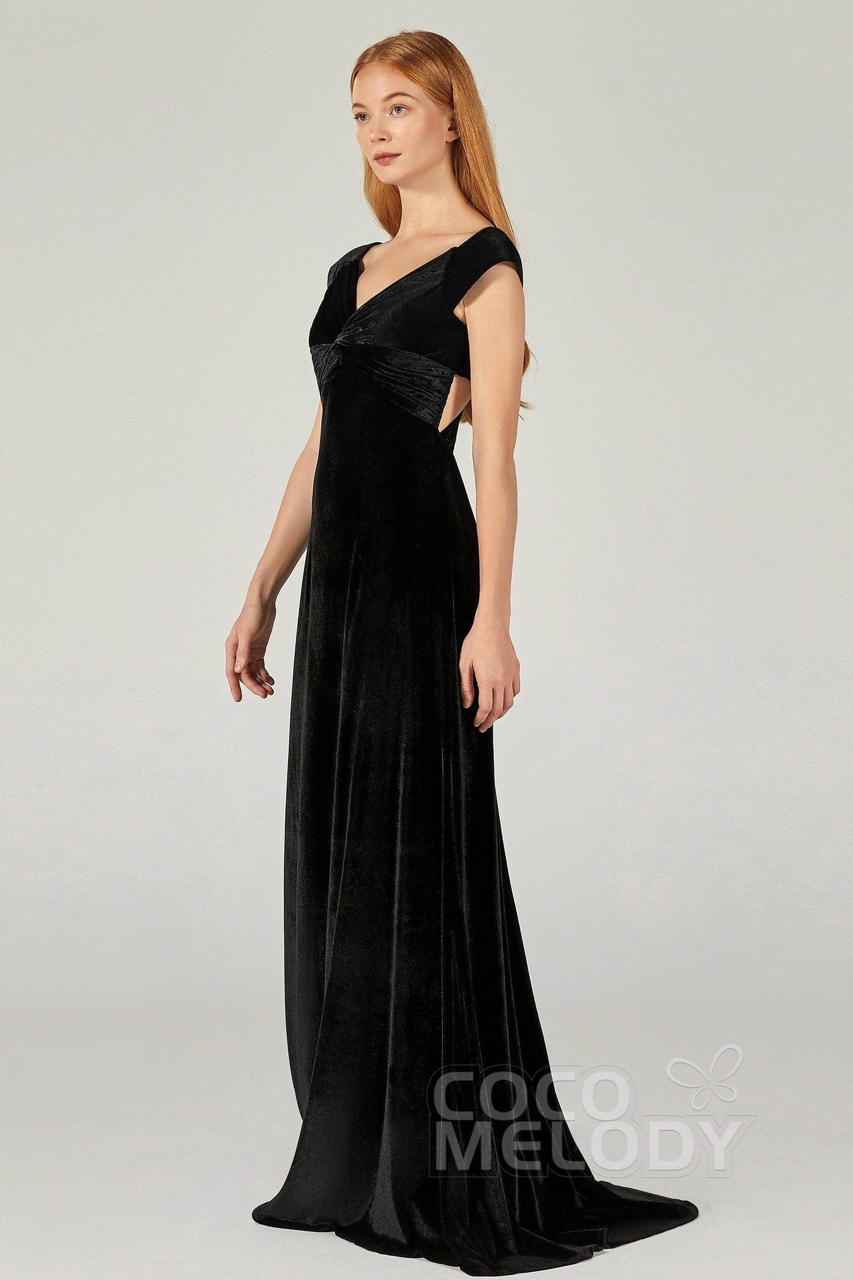 A-Line Floor Length Velvet Bridesmaid Dress CB0371 - COCOMELODY