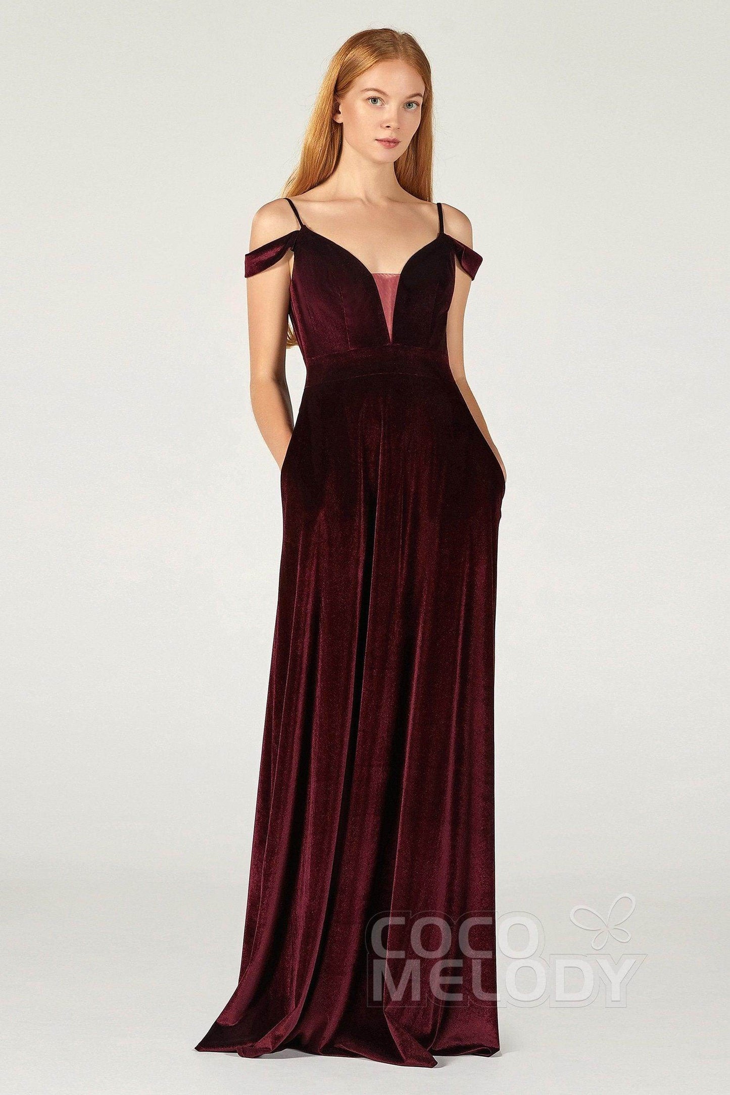 A-Line Floor Length Velvet Bridesmaid Dress CB0373 - COCOMELODY