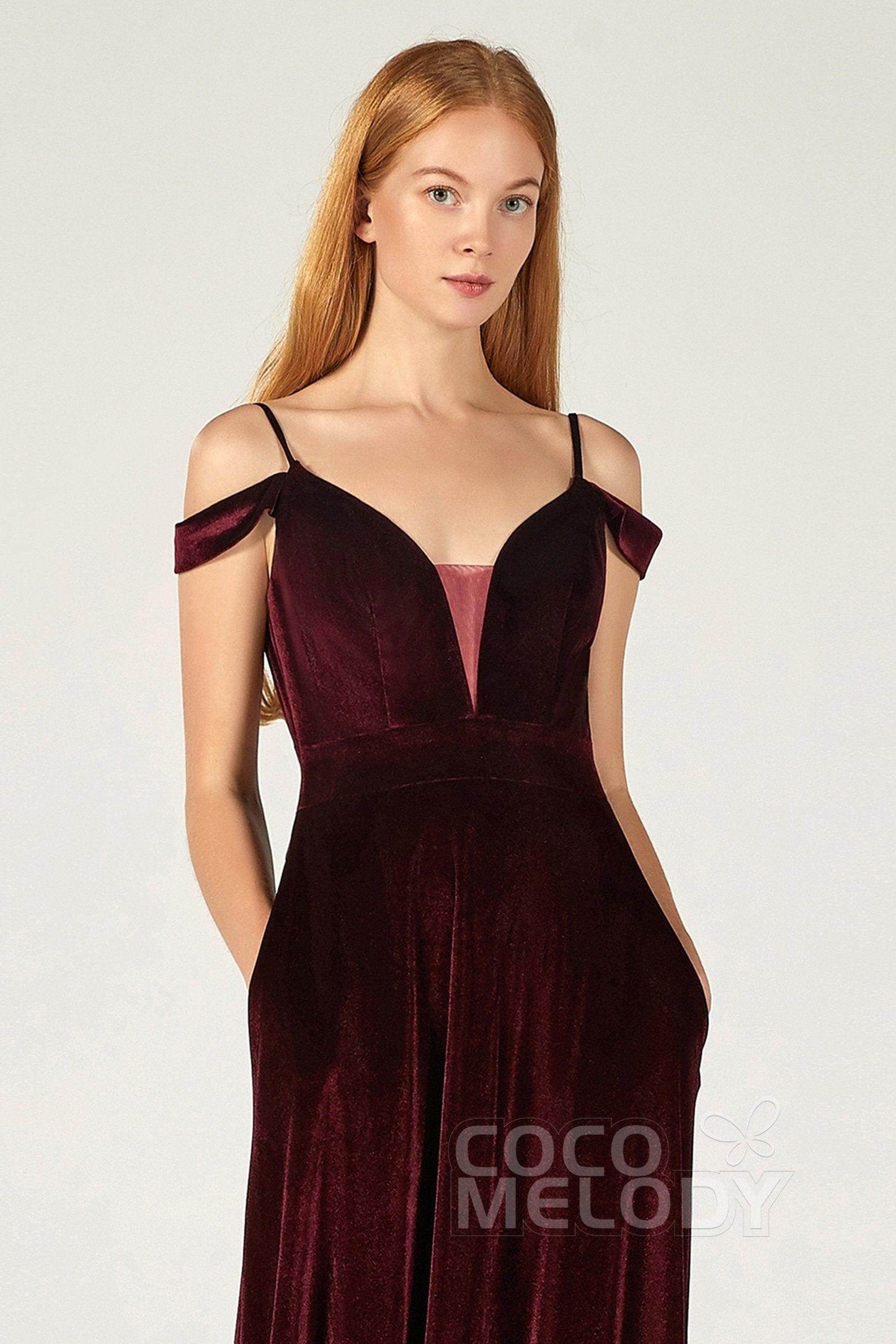 A-Line Floor Length Velvet Bridesmaid Dress CB0373CR - COCOMELODY