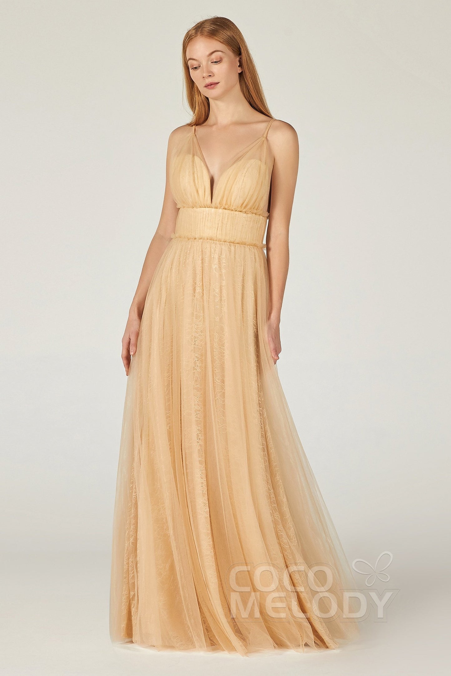 A-Line Floor Length Tulle/Lace Bridesmaid Dress CB0374