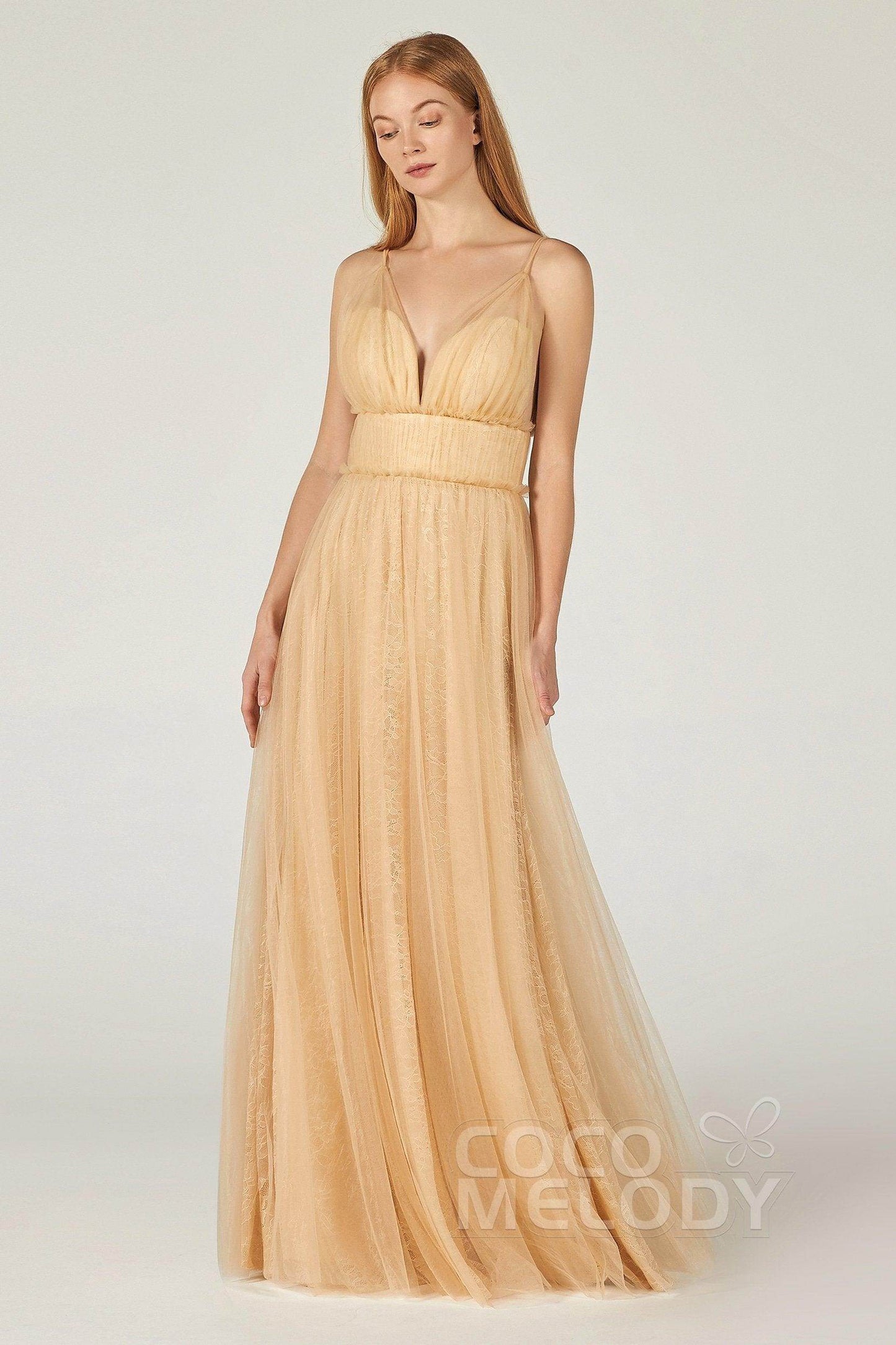 A-Line Floor Length Tulle Lace Bridesmaid Dress CB0374 - COCOMELODY