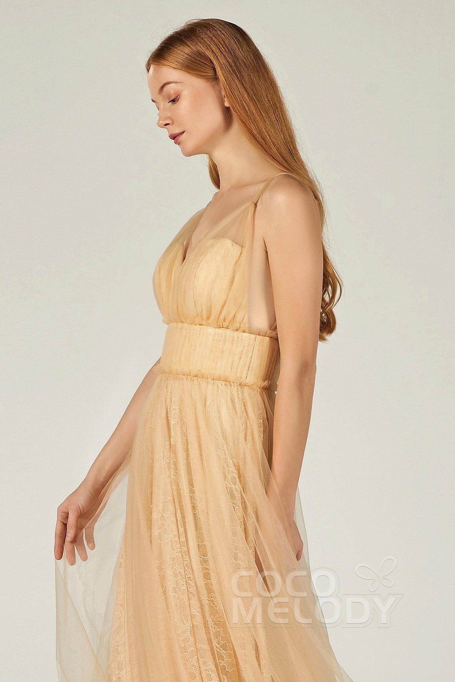A-Line Floor Length Tulle Lace Bridesmaid Dress CB0374 - COCOMELODY